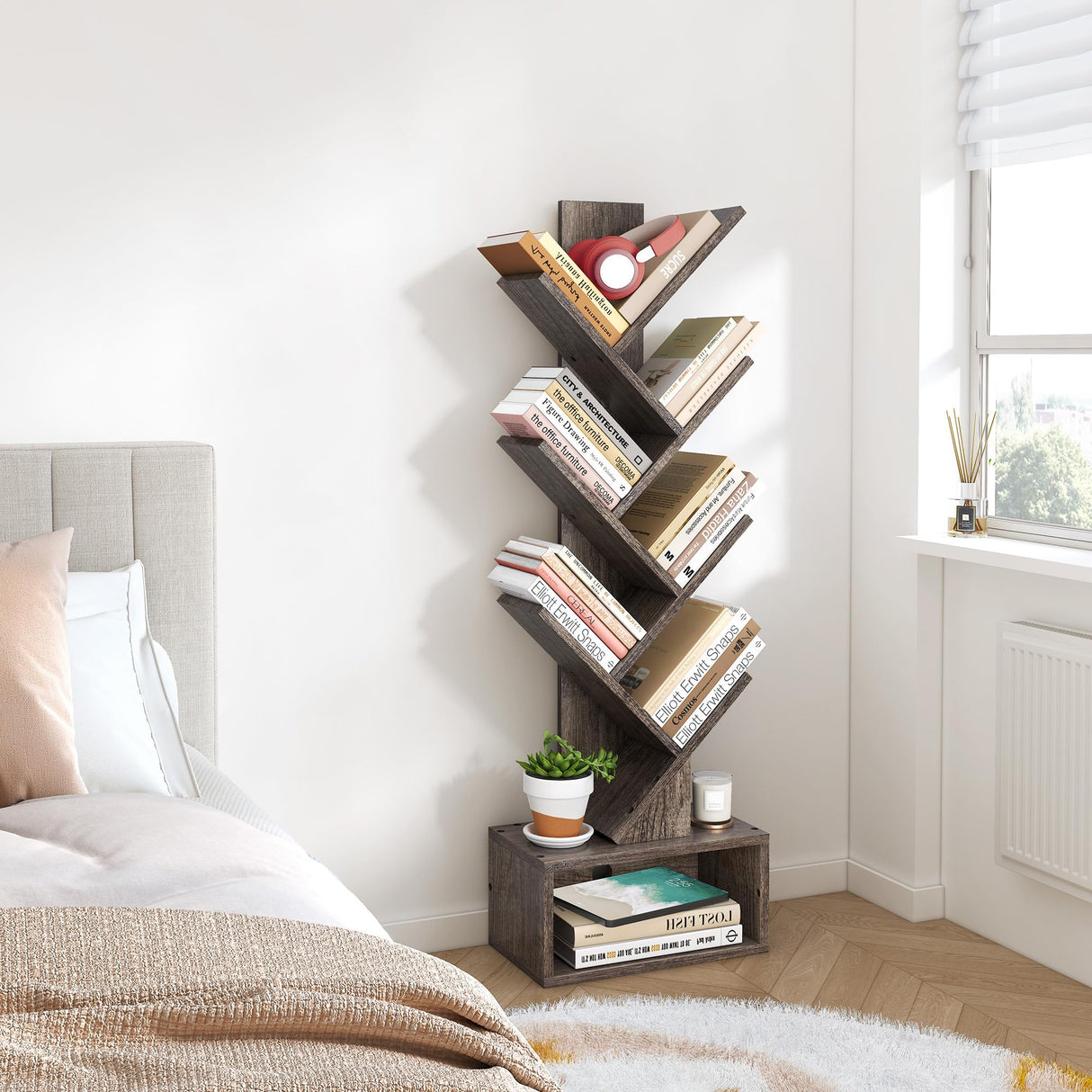6 Tier Tree Bookshelf, Tall Bookcase with Drawer, Freestanding Book Shelf