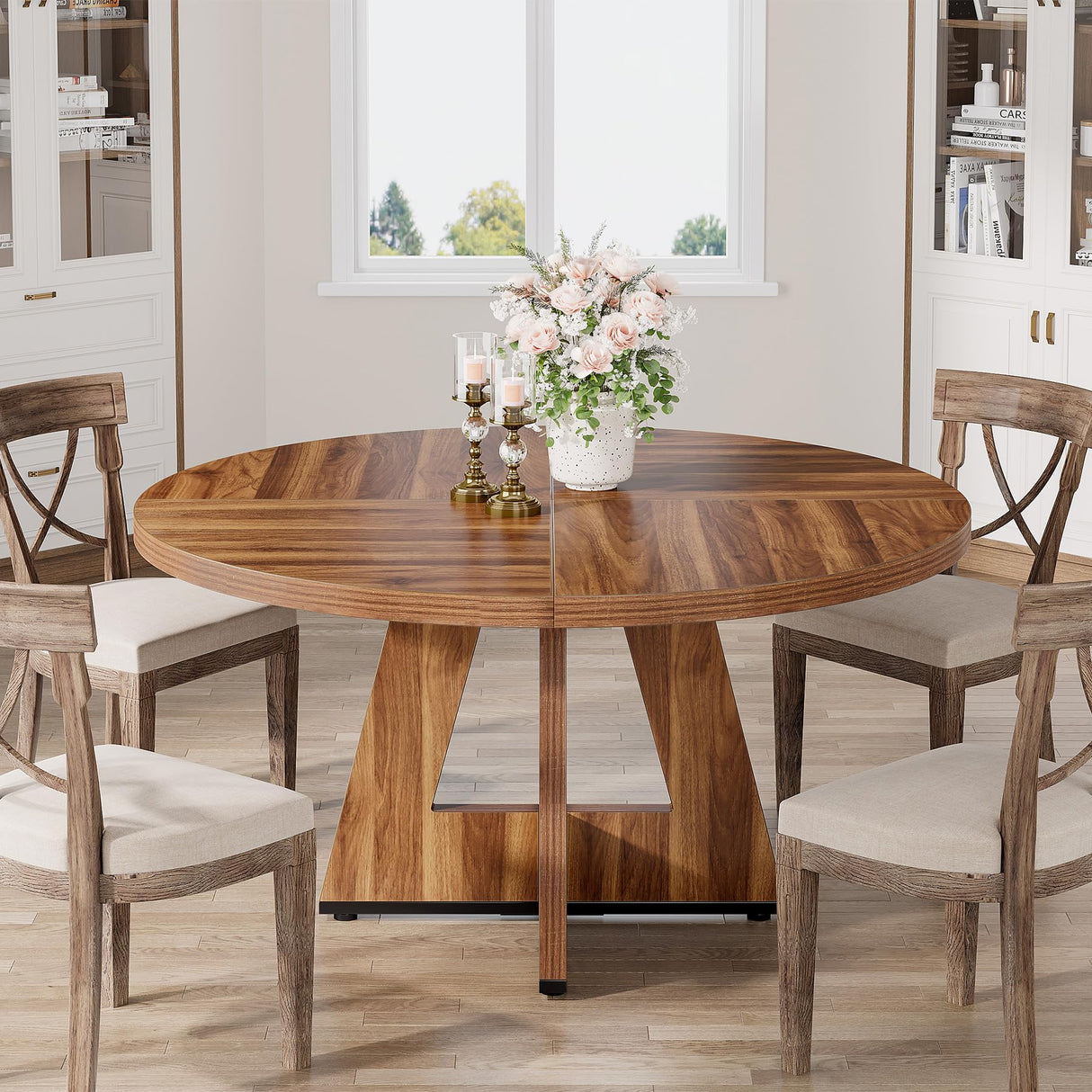 47 Inch Round Farmhouse Dining Table for 4 - Rustic Wood Kitchen Table