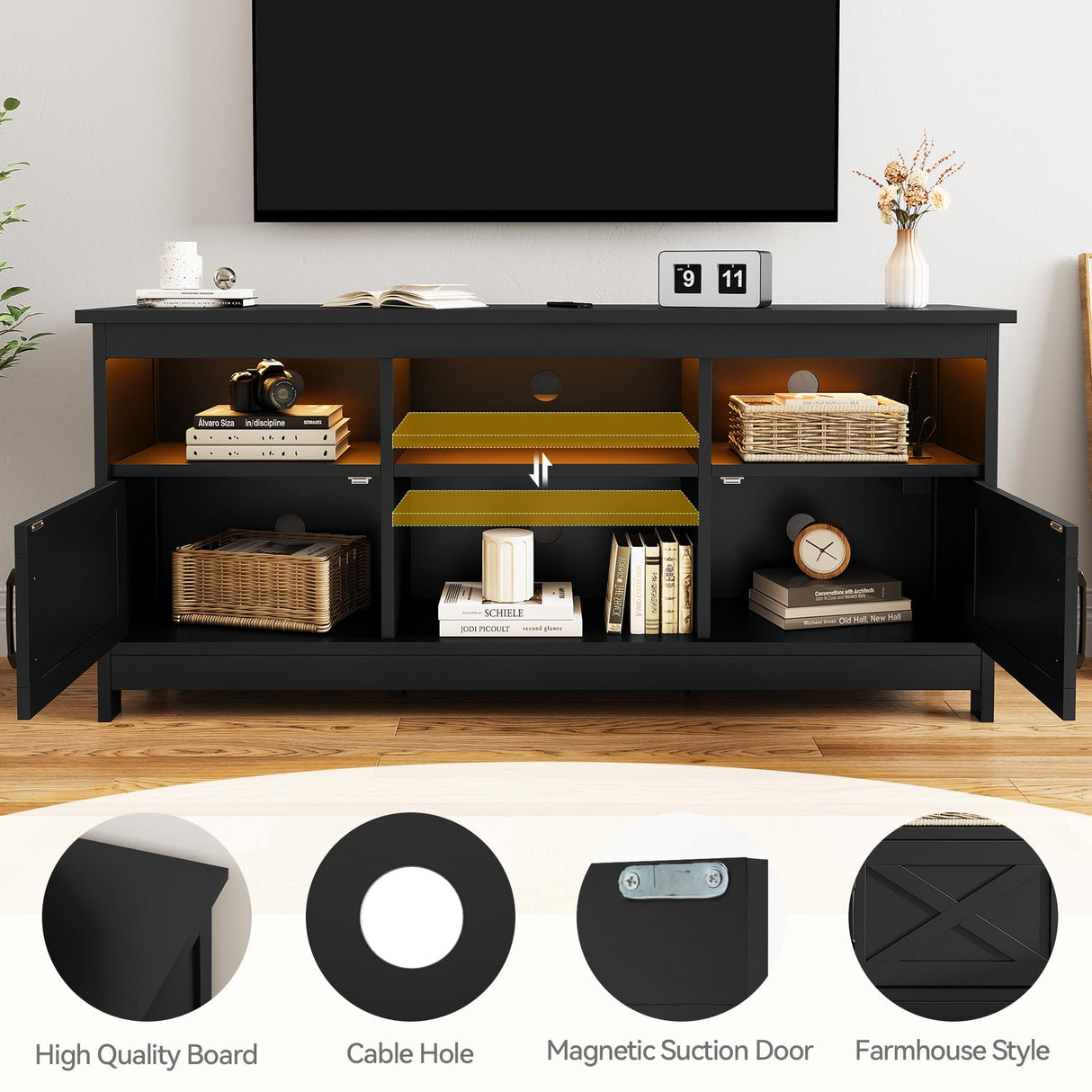Farmhouse TV Stand for TVs Up to 65 Inch, Modern Entertainment Centre with Power