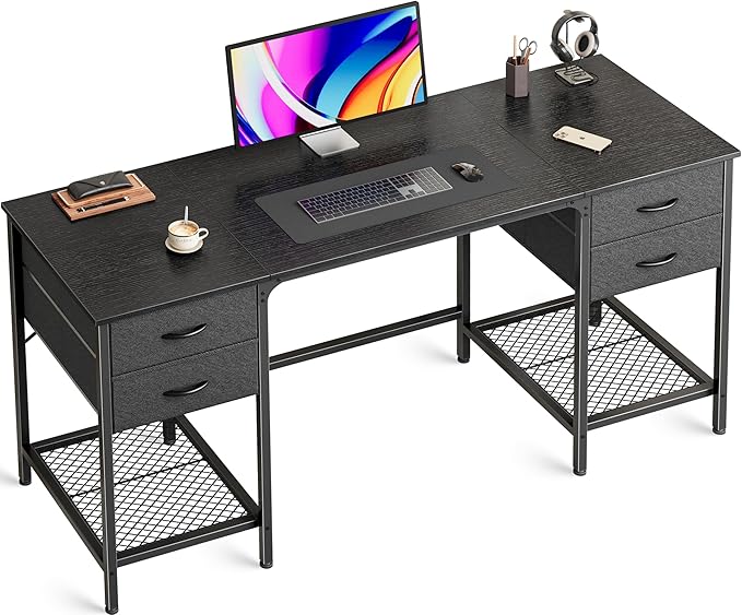 55 Inch Computer Desk with 4 Drawers, Office Desk with Mesh Shelf
