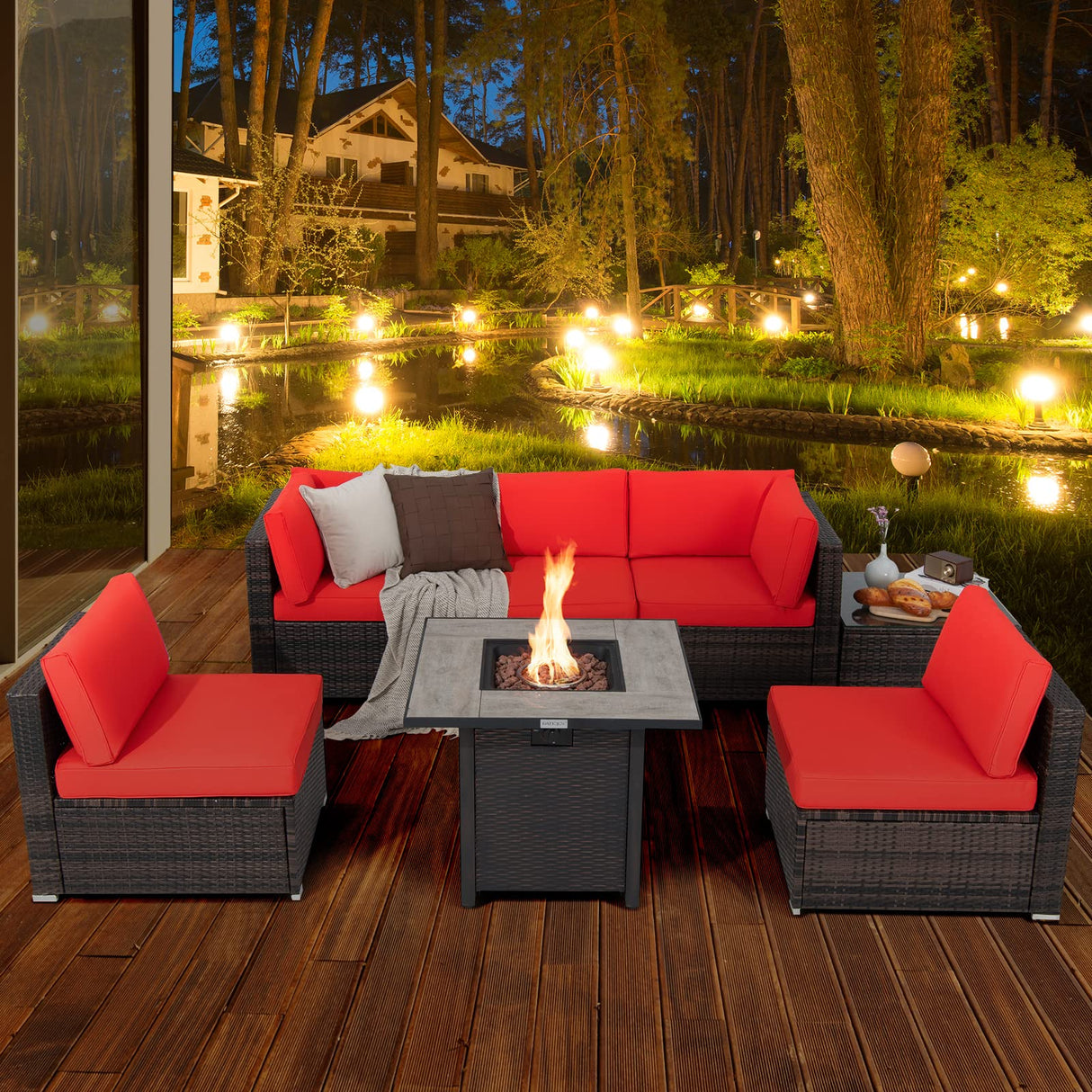 7 Piece Patio Furniture Set with Fire Pit Table, Patiojoy Outdoor PE Wicker Conversation Sectional Sofa Set