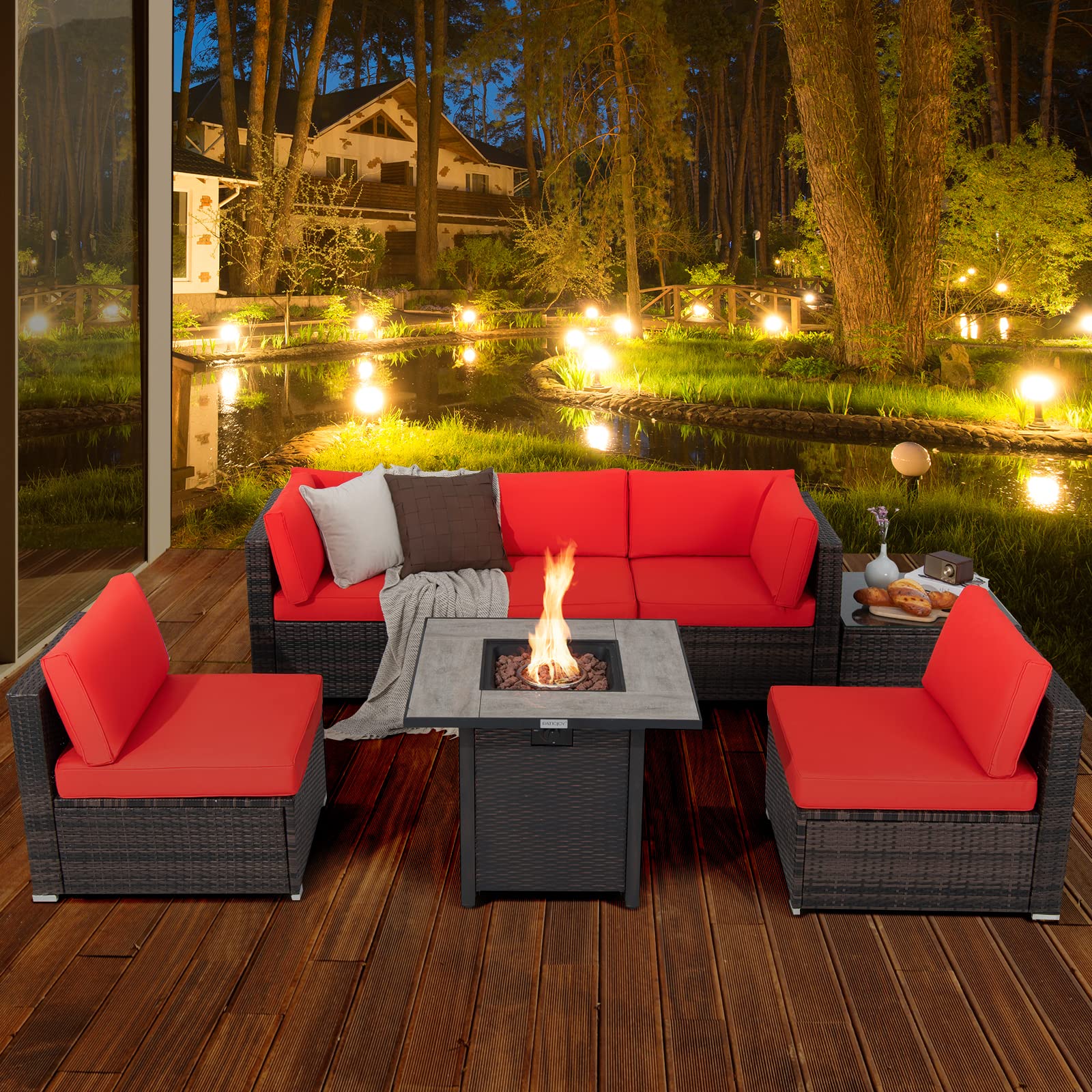 7 Piece Patio Furniture Set with Fire Pit Table, Patiojoy Outdoor PE Wicker Conversation Sectional Sofa Set