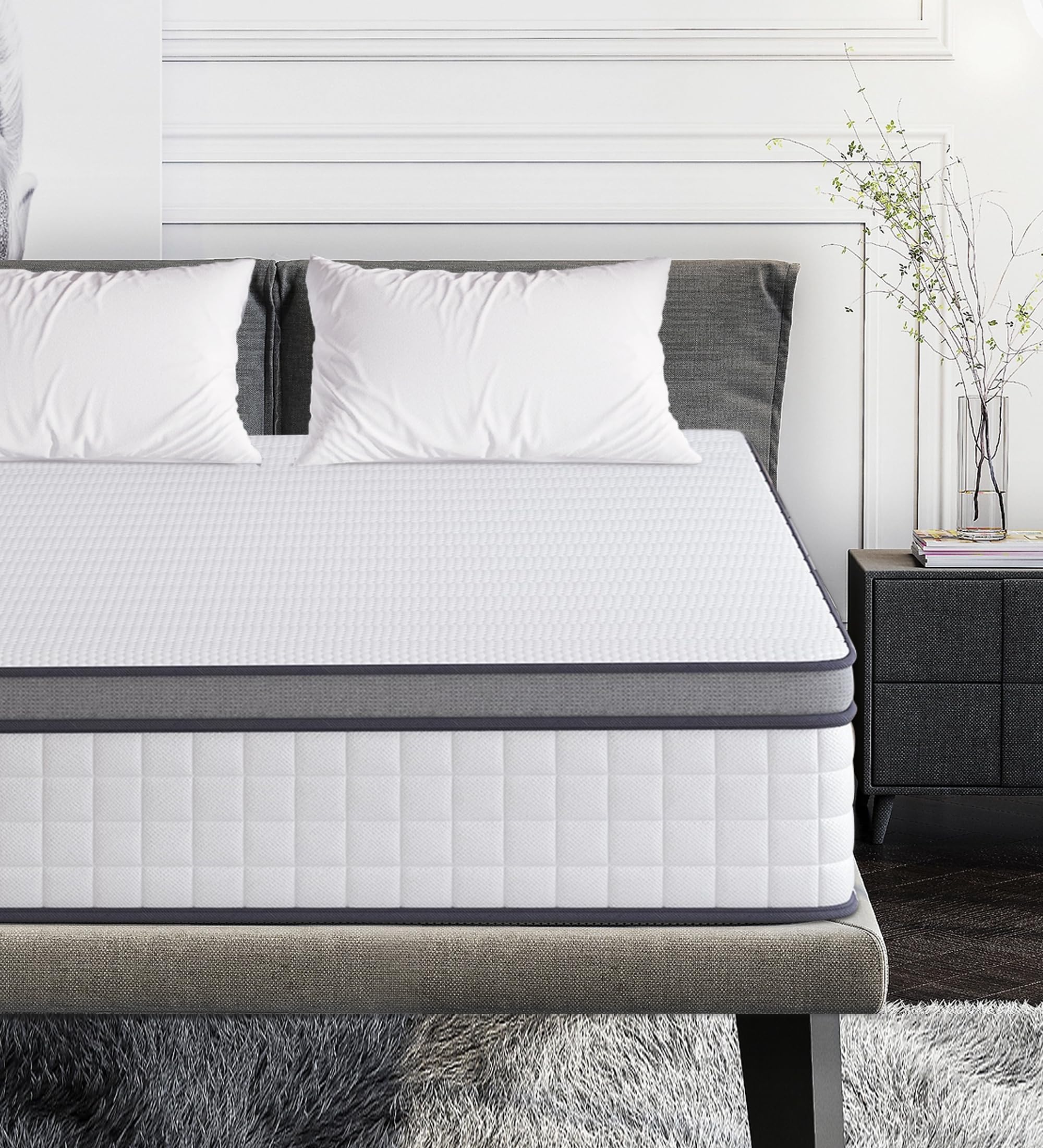 Full Size Hybrid Mattress, 12 Inch, Medium Firm, White, CertiPUR-US Certified