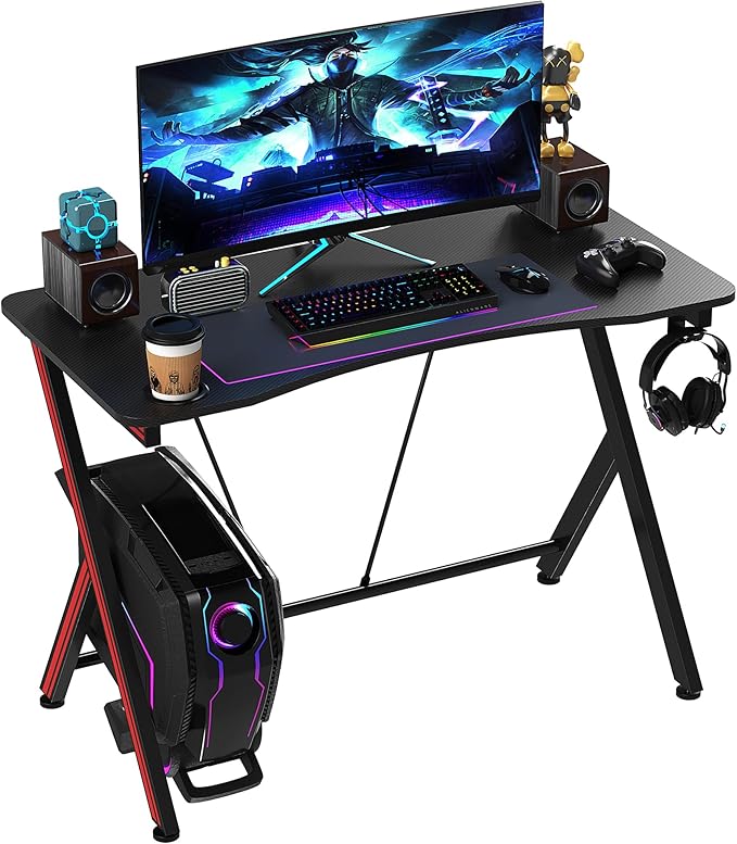 41 inch Gaming Computer Desk, Home Office Gamer Table Workstation with Cup Holder, Headphone Hook, Cable Management, Carbon Fiber Surface