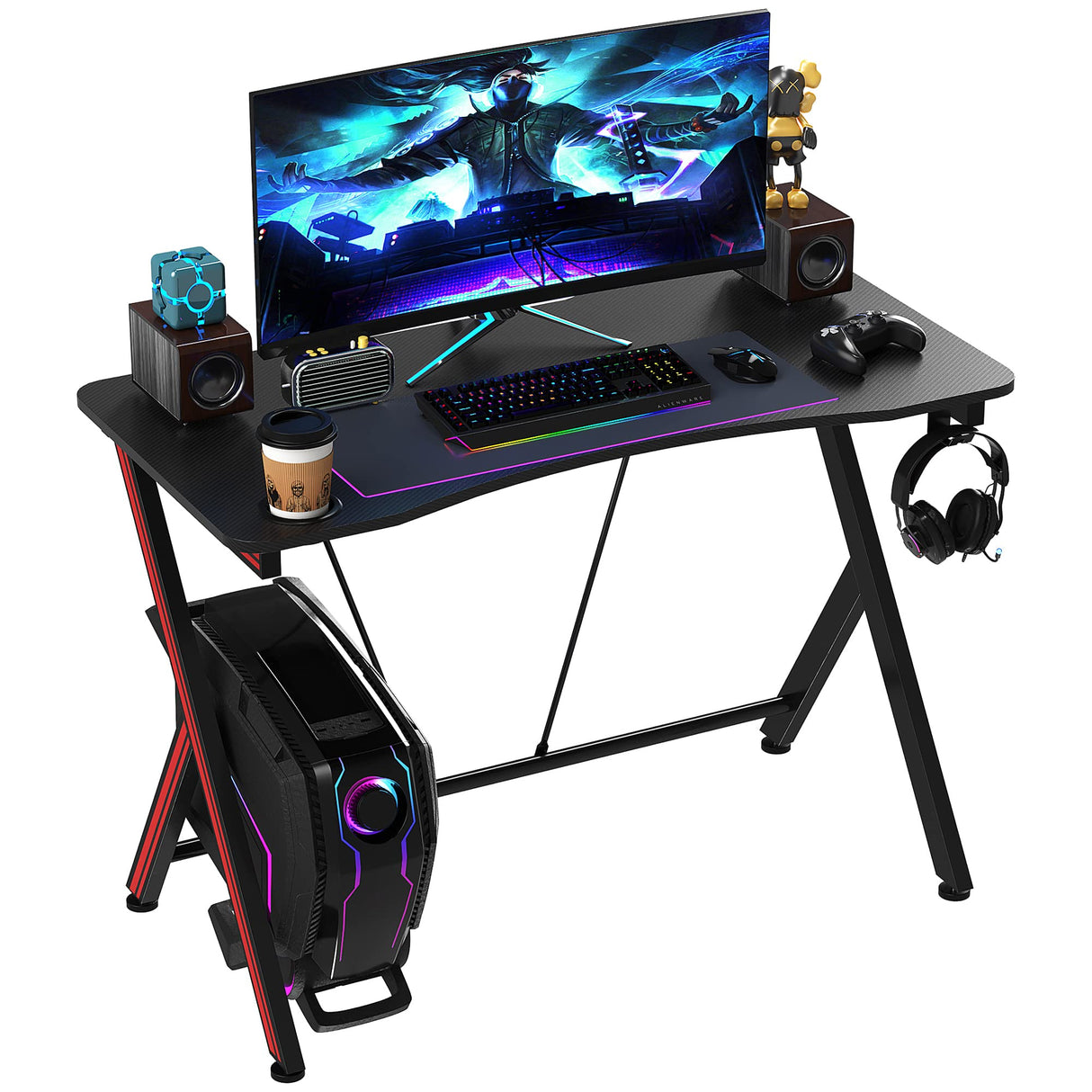 41 inch Gaming Computer Desk, Home Office Gamer Table Workstation with Cup Holder, Headphone Hook, Cable Management, Carbon Fiber Surface