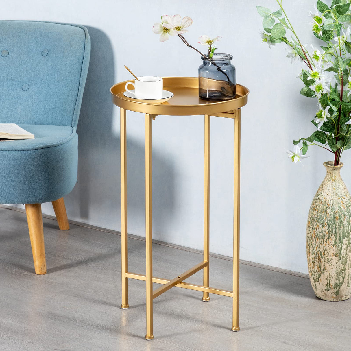 Small Round Metal Waterproof End Table, Accent Indoor&Outdoor Coffee Side Table