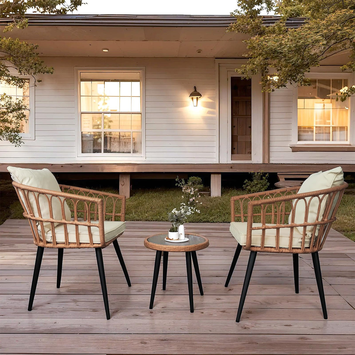 3 Piece Patio Bistro Set, Outdoor Rattan Furniture Set W/ 2 Chairs and Glass Table All-Weather