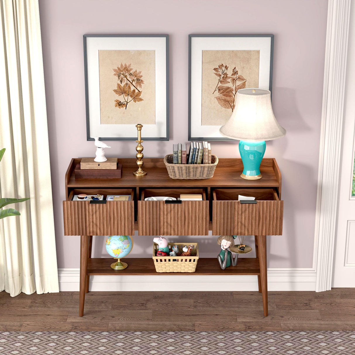 Narrow Console Table Entryway Sofa Table with 3 Drawers Fluted Console Table