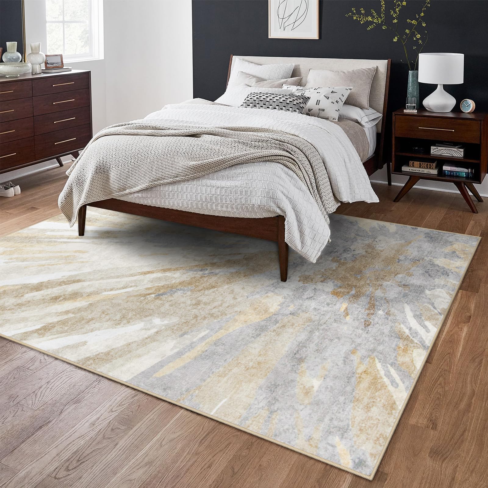 Neutral Abstract 5x7 Area Rug for Bedroom, Soft Low-Pile Faux Wool Living Room Carpet