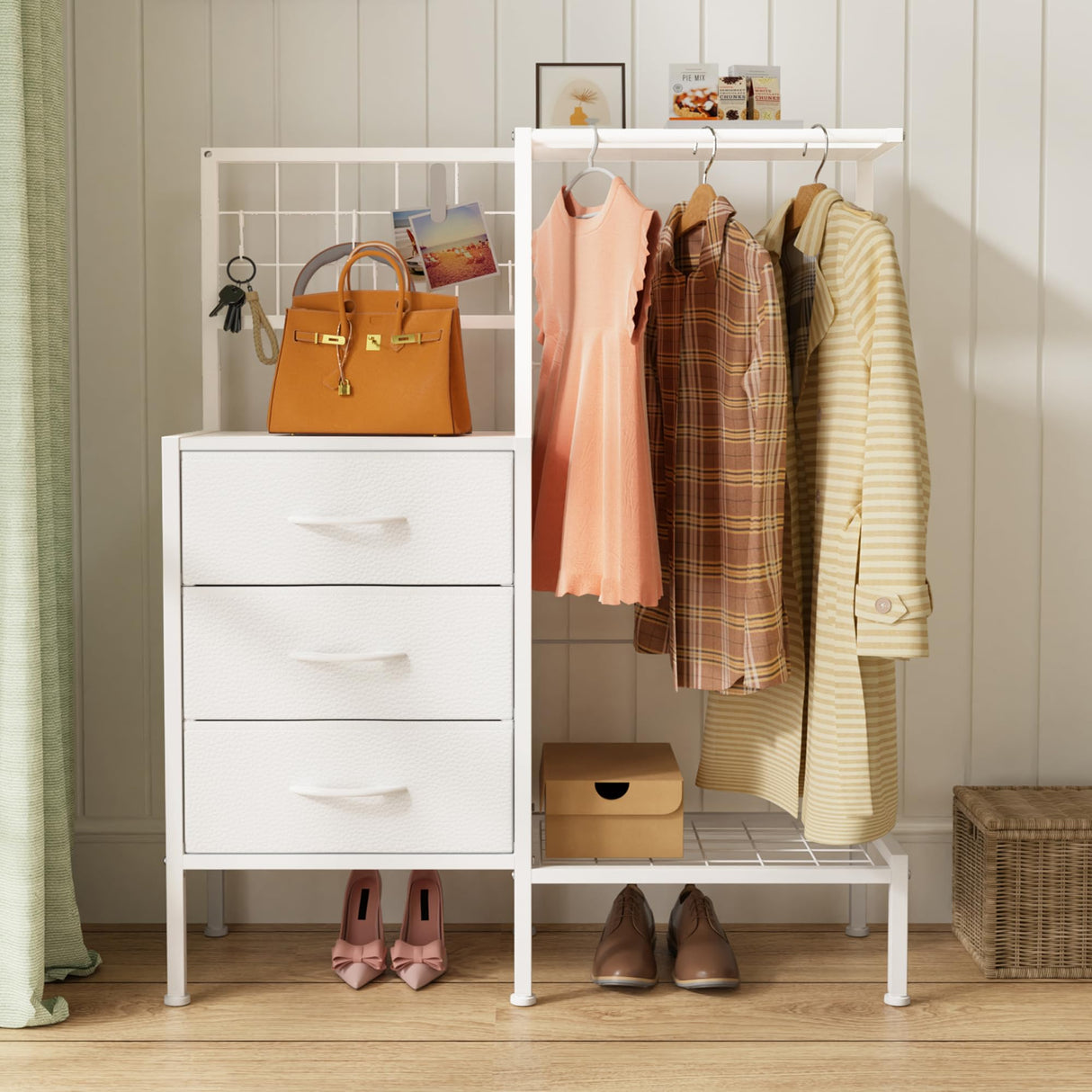 Small Dresser with Hanging Rack, Kids Dresser with 3 Drawers&4 Hooks for Grid Panel,