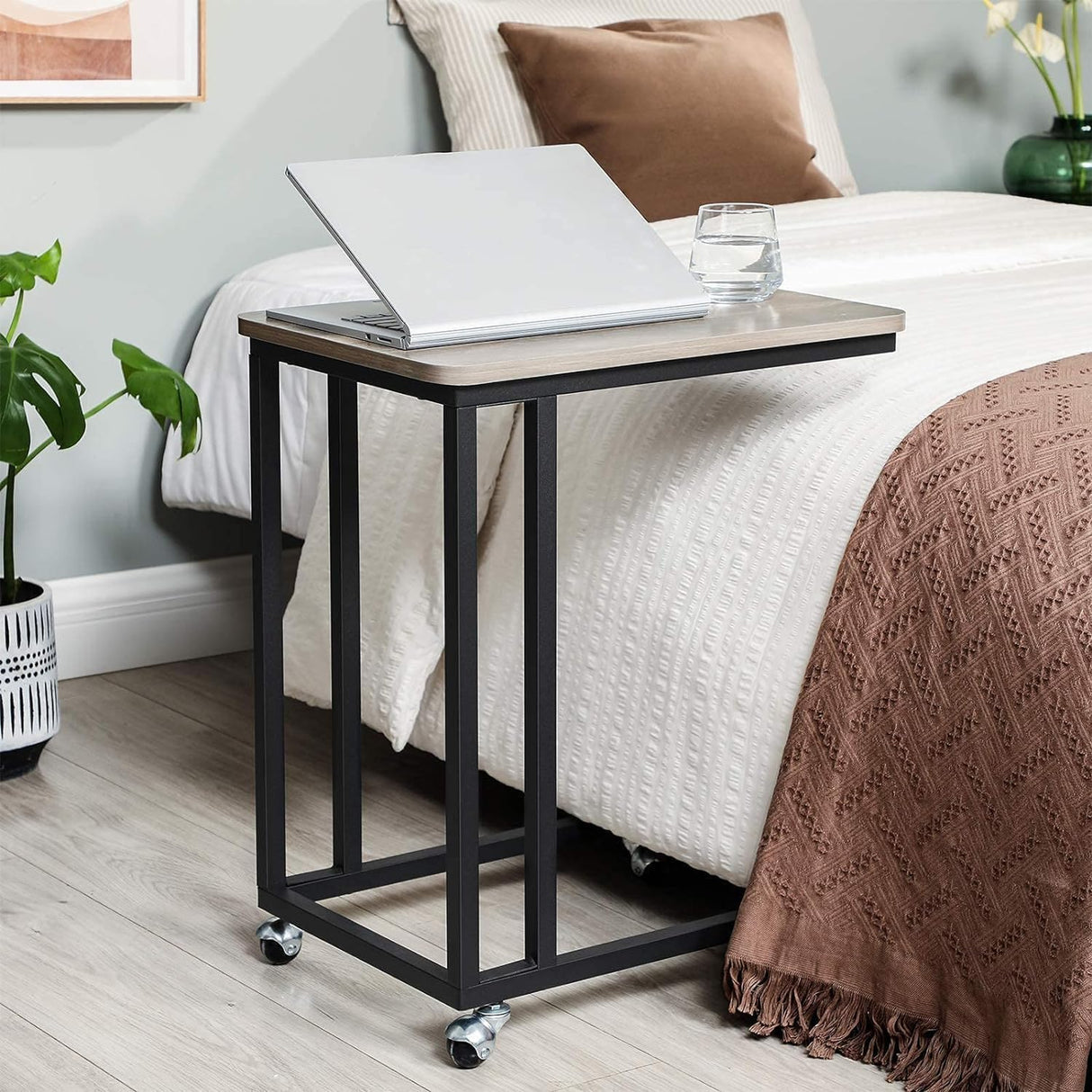 End Table, C Shaped TV Tray with Metal Frame Rolling Casters, Industrial Side Table for Living