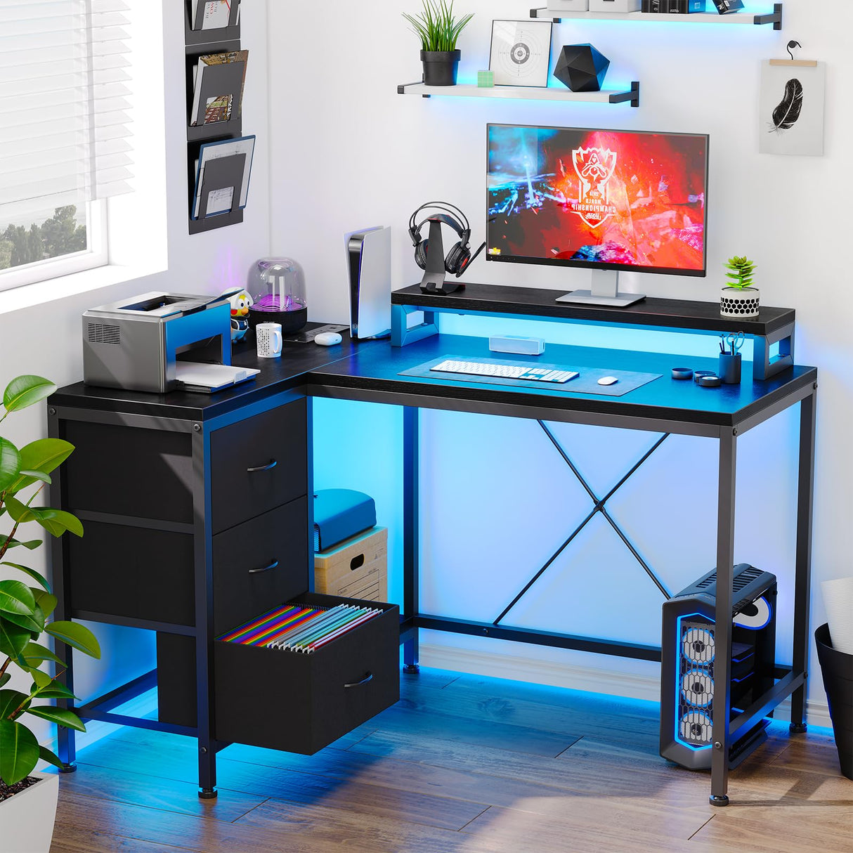Shaped Desk with Power Outlets & LED Lights, Computer Desk with Drawers & Shelves,