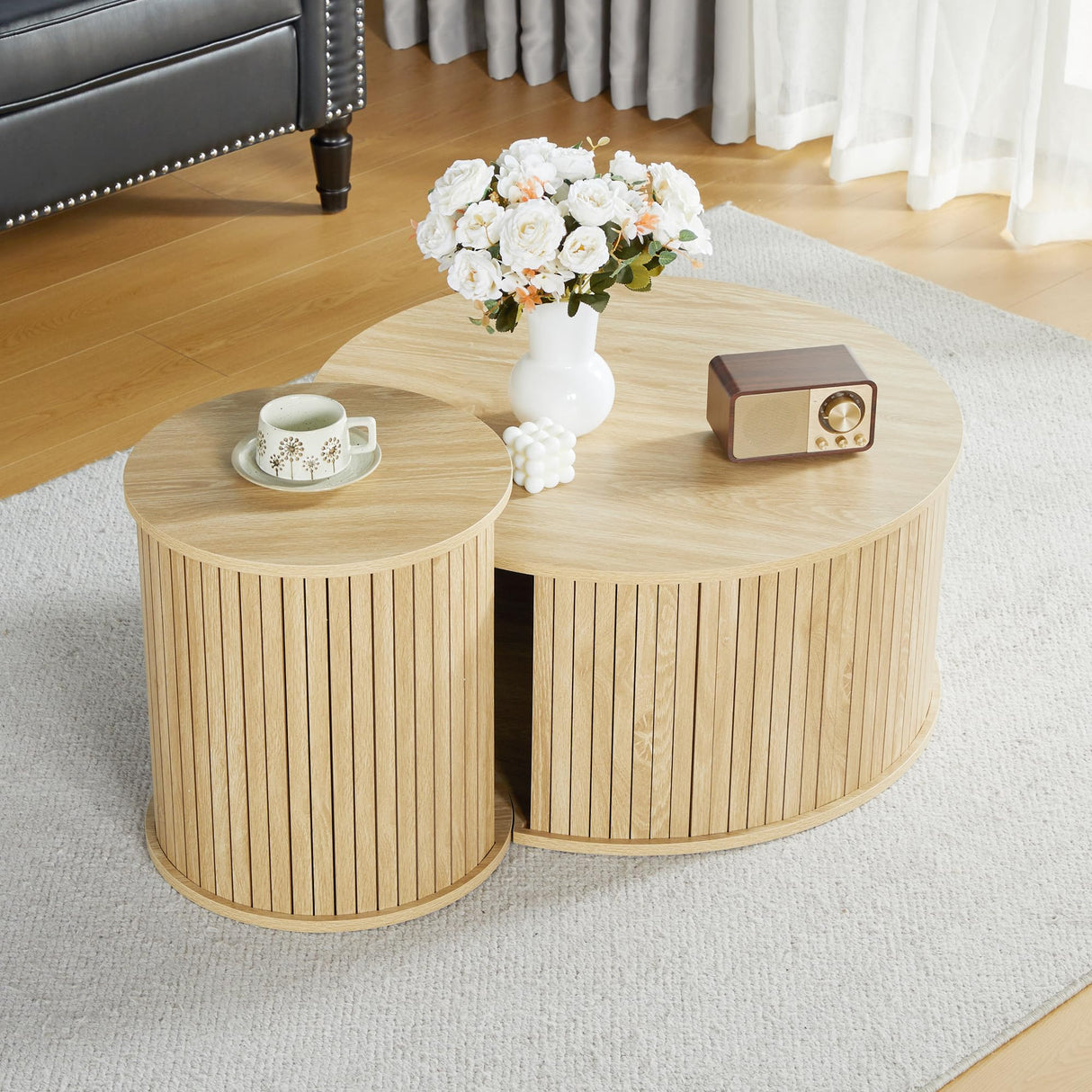 Coffee Table,Nesting Coffee Table Set of 2, Circle Side Table, Round Wooden Coffee Table