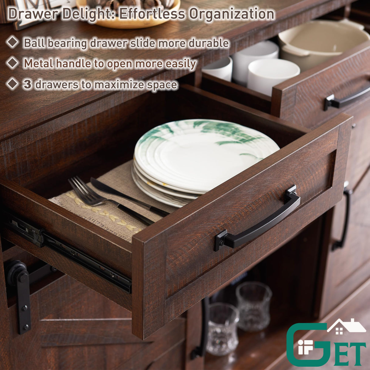 Farmhouse Buffet Cabinet, 53ā Sideboard Cabinet w/3 Drawer, Rustic Storage Cabinet