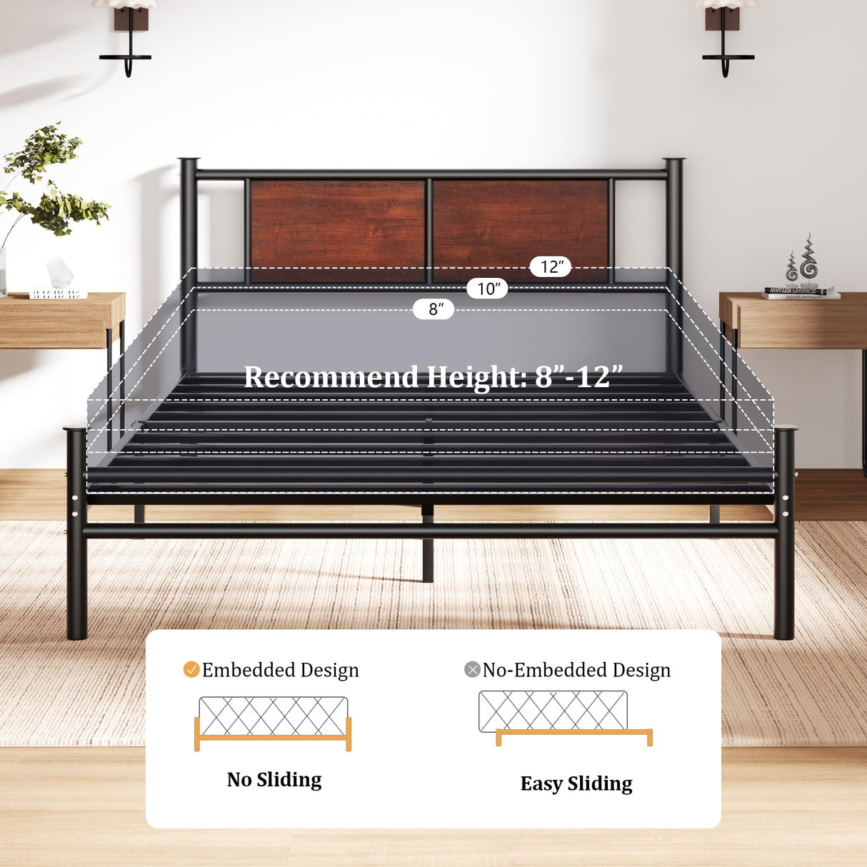 Queen Size Bed Frame with Wooden Headboard, Heavy Duty Platform Bed with 12 inches