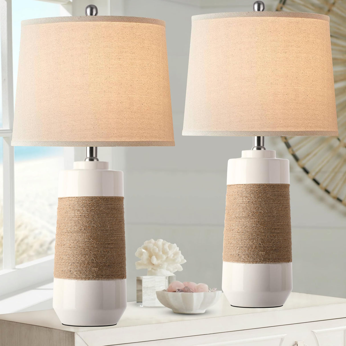 White Boho Ceramic Table Lamps Set of 2 with Rope Accent