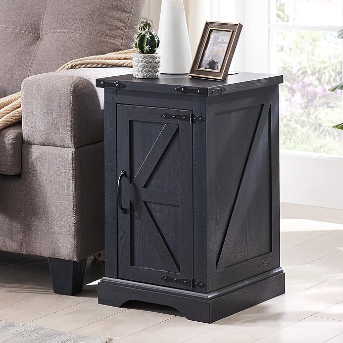 Nightstand with Charging Station, Rectangular Farmhouse End Table with Barn Door