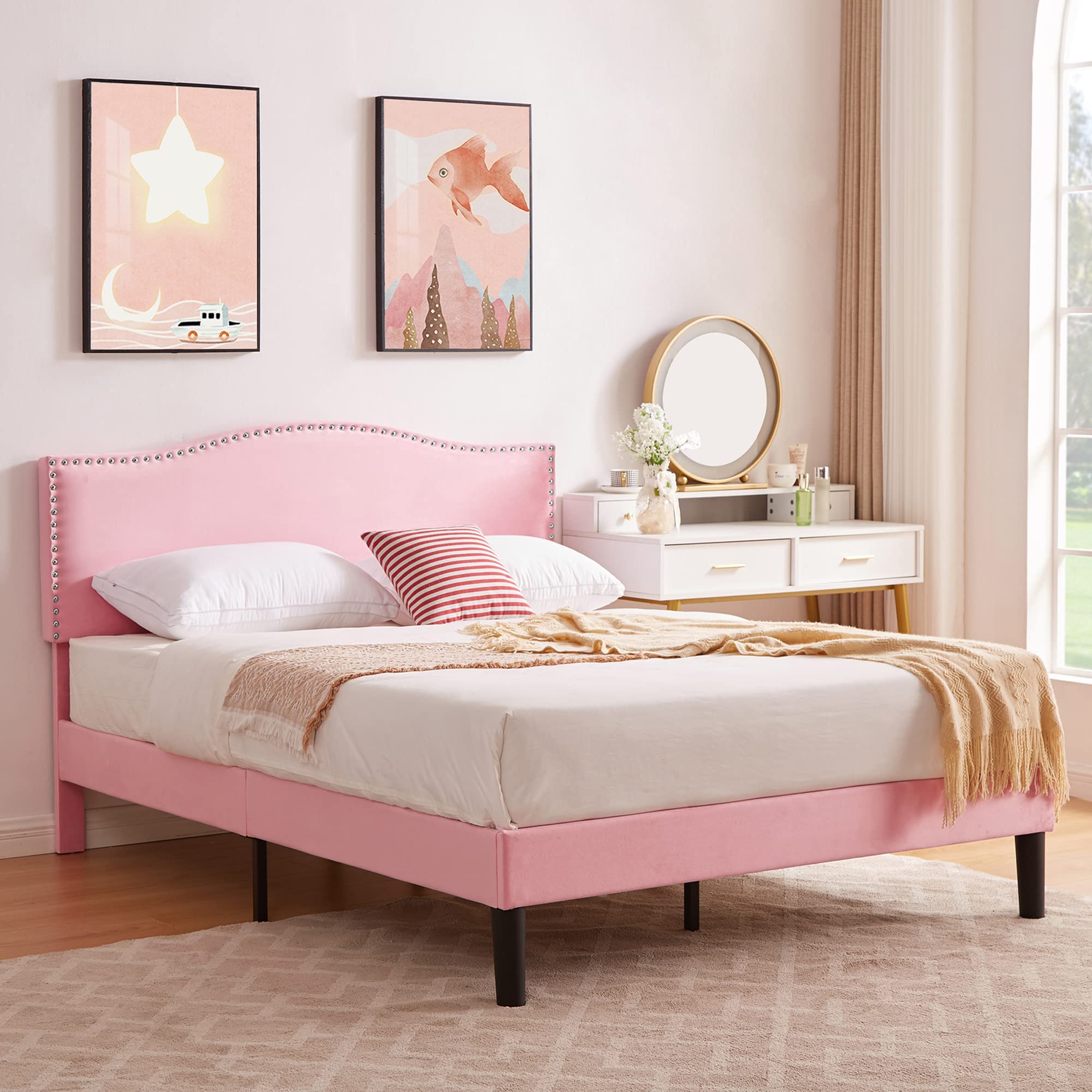 VECELO Queen Bed Frame Platform Bed Frame with Upholstered Headboard, Strong Frame and Wooden Slats Support, Strong Weight Capacity, Non-Slip and Noise-Free, Easy Assembly,Pink