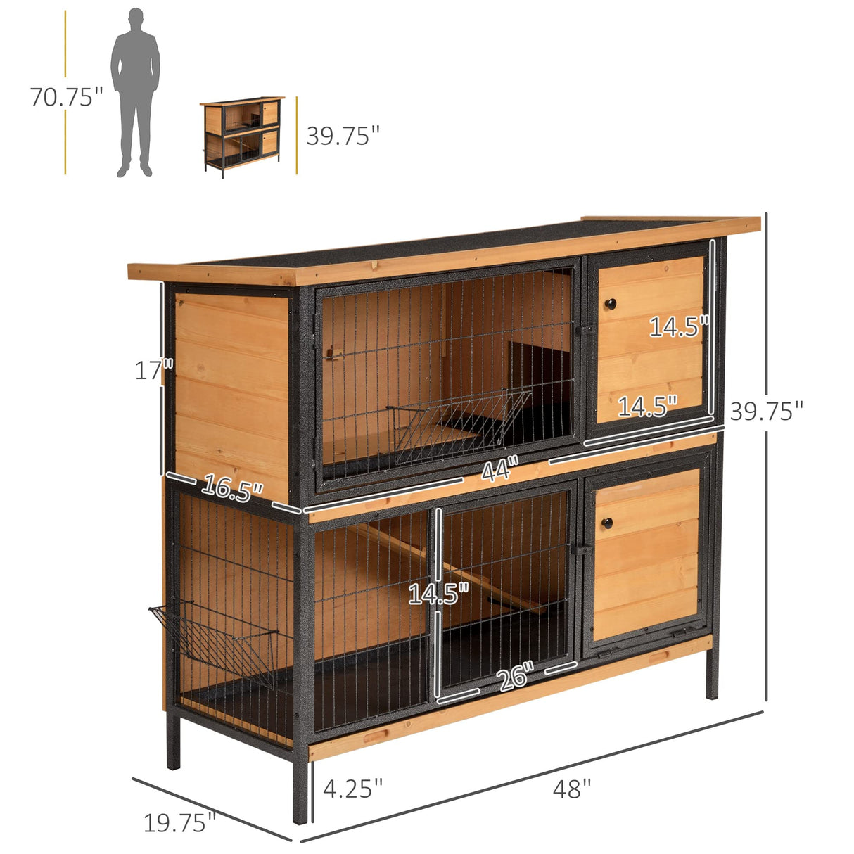48" 2-Story Large Rabbit Hutch Bunny Cage Wooden Pet House Metal Frame