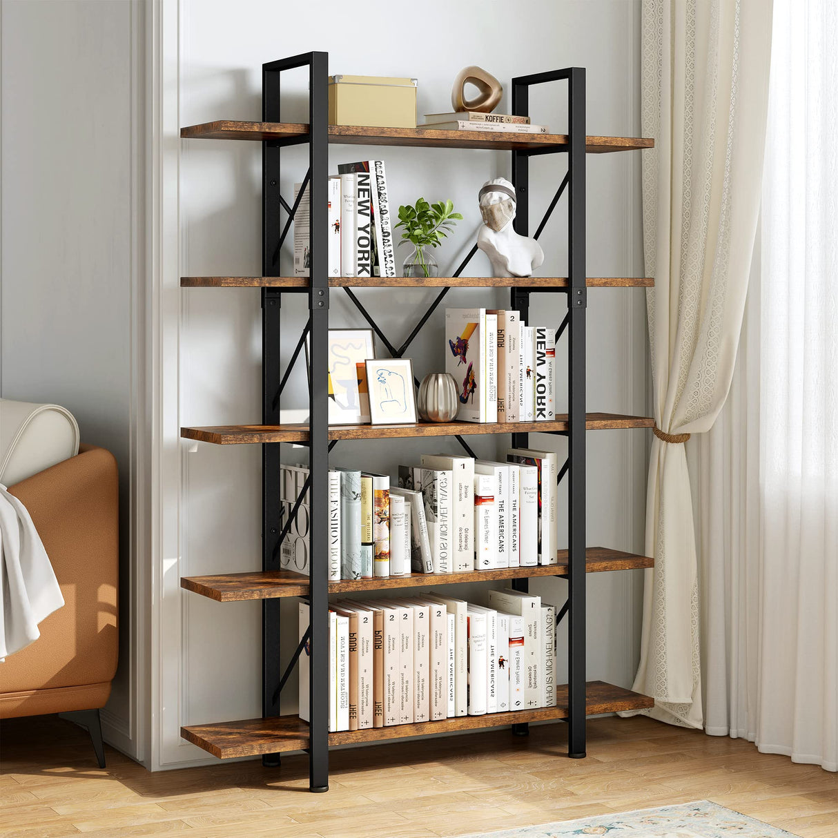 5 Tier Bookshelf, 70.9" Tall Industrial Bookcase, Wide Open Display Storage Book Shelf