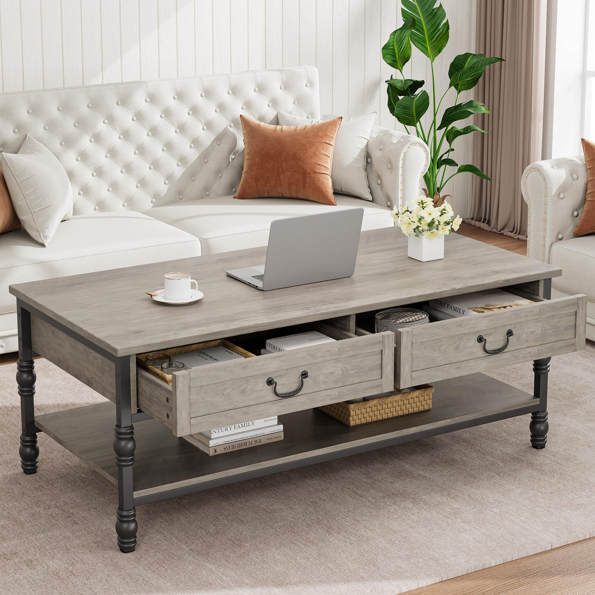 Coffee Table with Drawers 41" Wooden Coffee Table with Storage Rectangular Cocktail