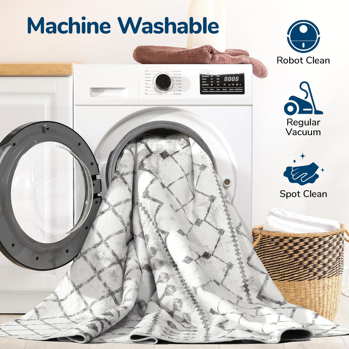 5x7 Machine Washable Area Rug - Modern Geometric Faux Wool Carpet with Non-Slip Backing