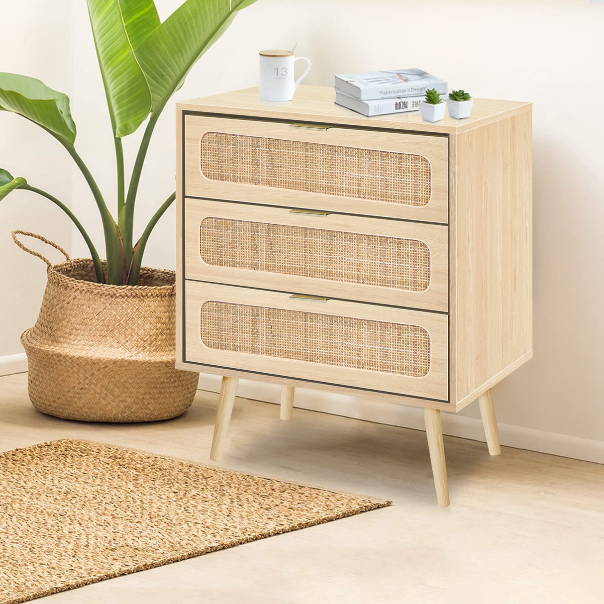 2 Sets of Rattan Nightstand Dresser Chest of 3 Drawers