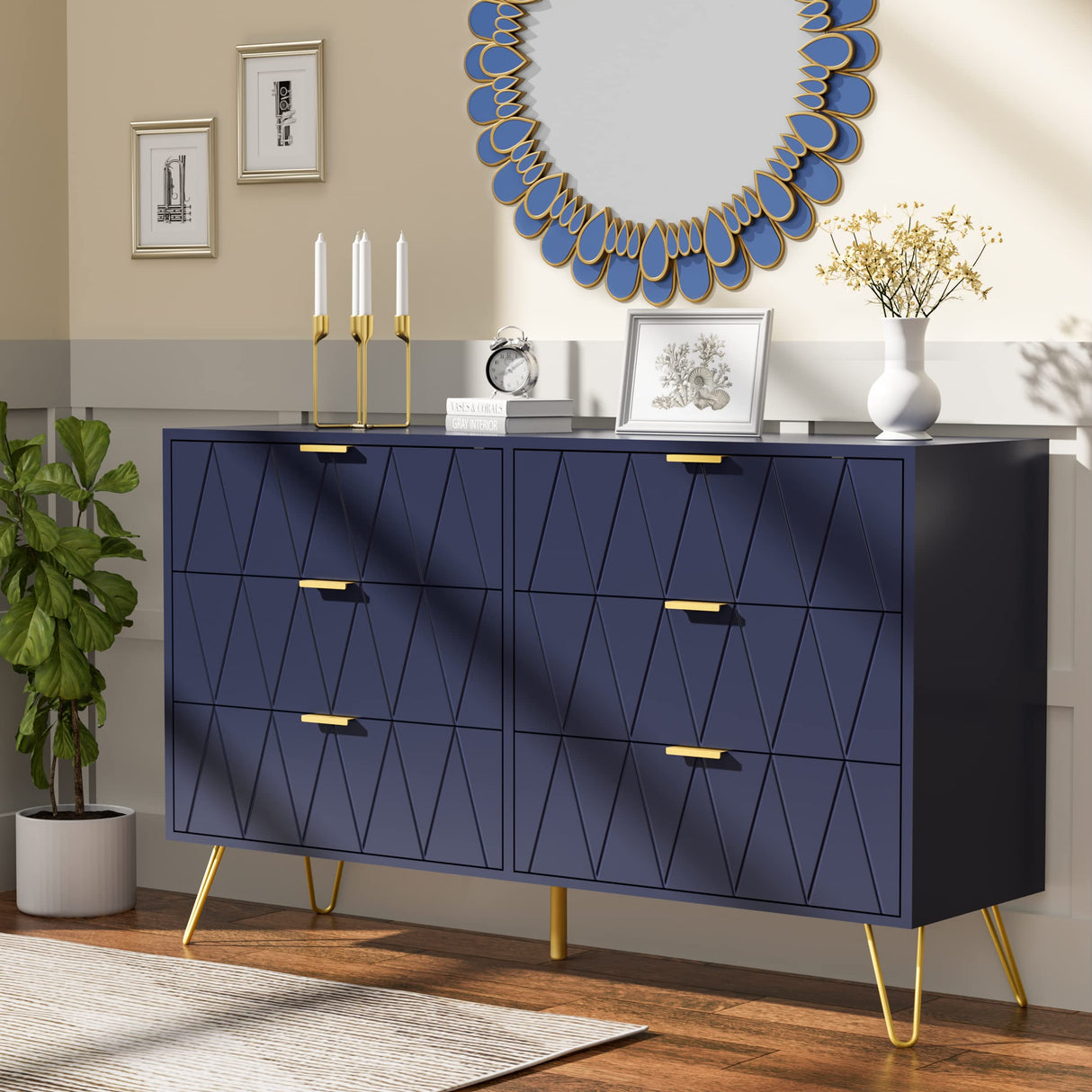 Navy 3 Pcs Bedroom Sets, Large 6 Drawer Dresser and Night Stand