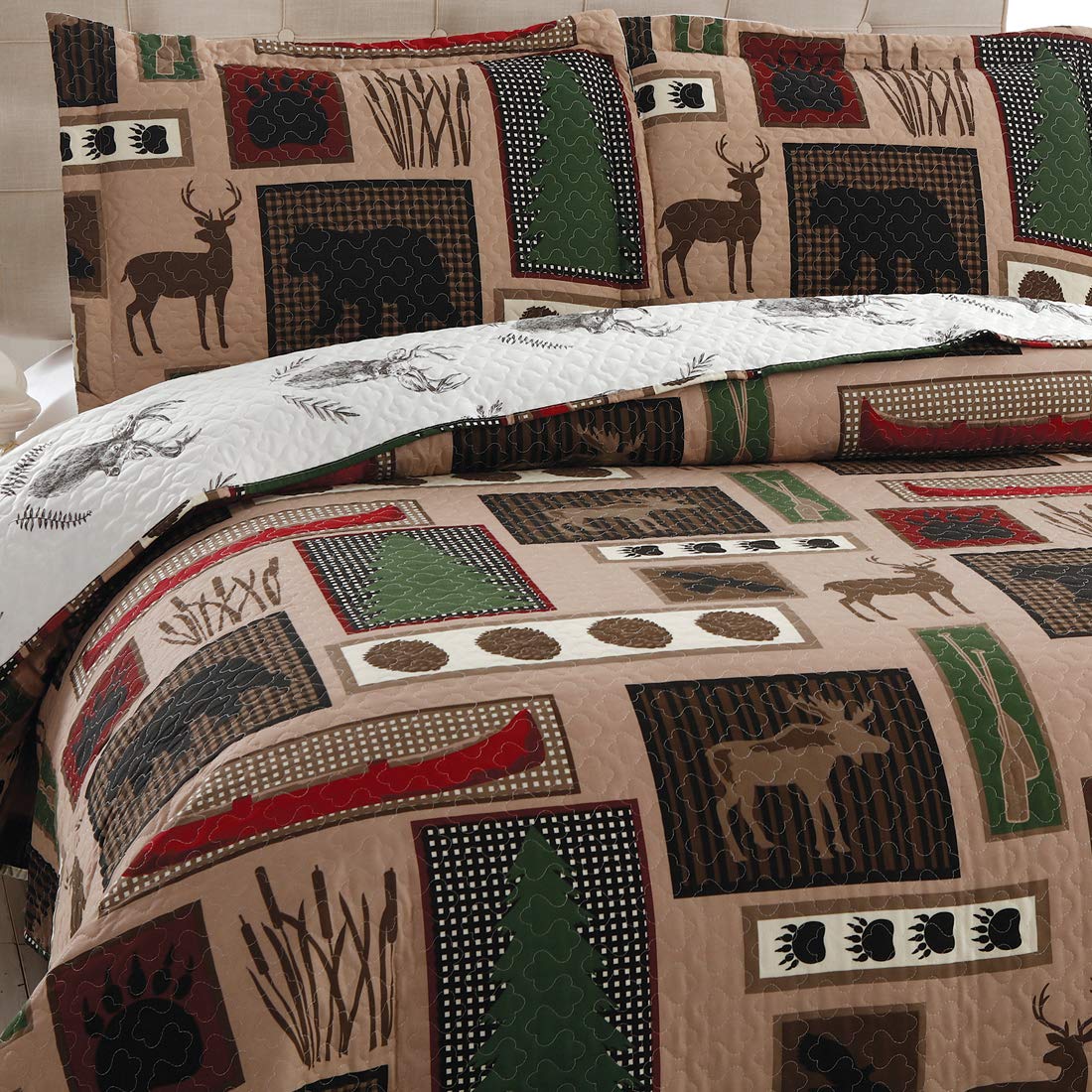 Home Rustic Bedding Lodge Moose Bear Quilt Set Full/Queen Size,3 Pcs Lightweight