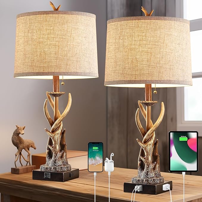Antler Table Lamps Set of 2 with USB A+C Ports for Bedroom Farmhouse Deer Rustic