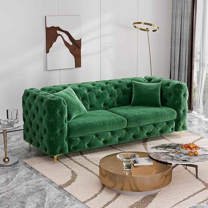 75 Inch Sofa Couch Modern Upholstered Couch Tufted Velvet Sofa High Arm and Metal