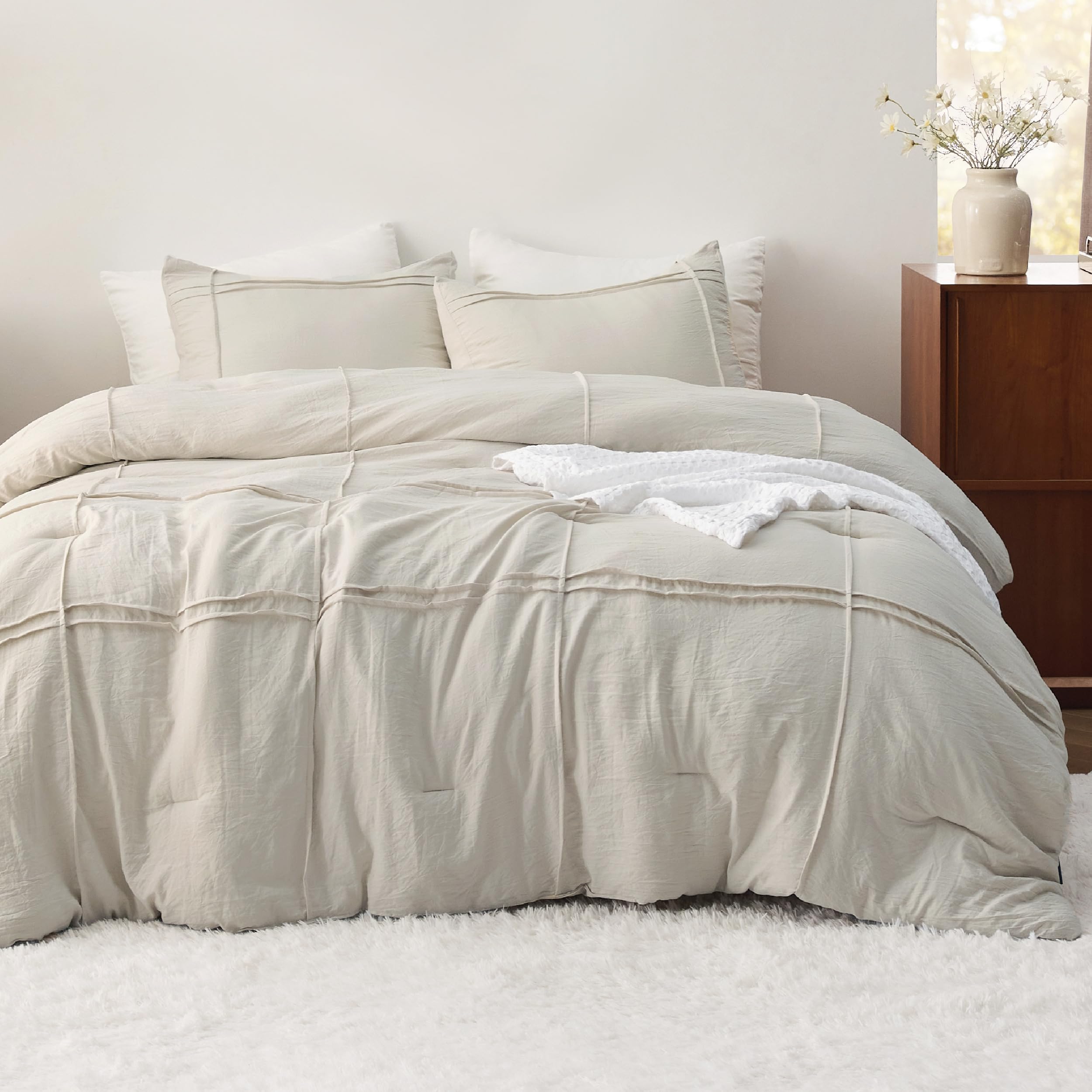 King Comforter Set with Sheet - 4 Pieces Soft Beige Bedding Sets, Grid Pinch Pleat