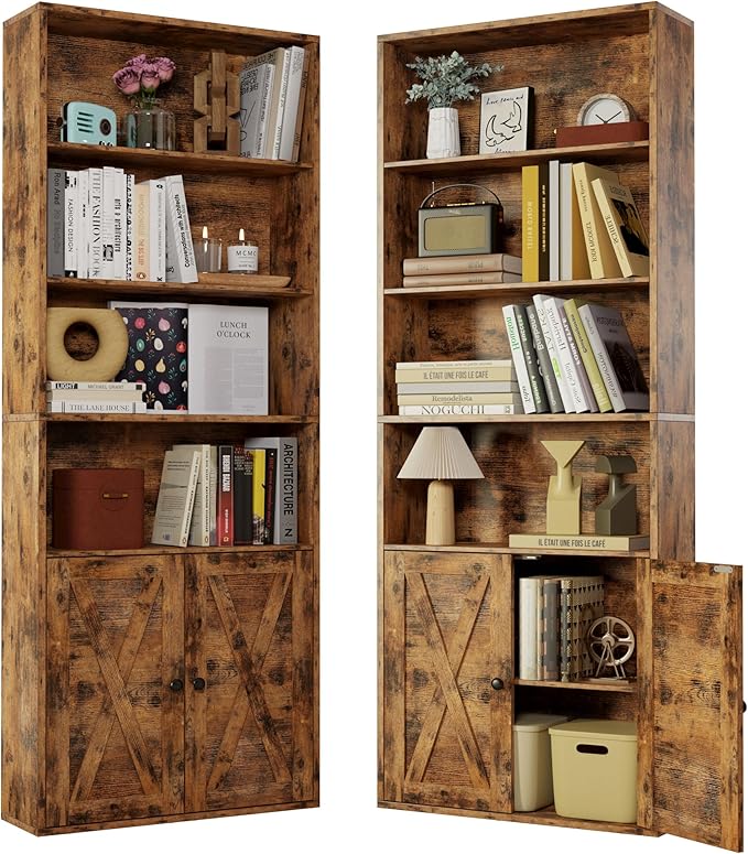 Industrial Bookshelves and Bookcases with Doors Set of 2 Floor Standing 6 Shelf Display