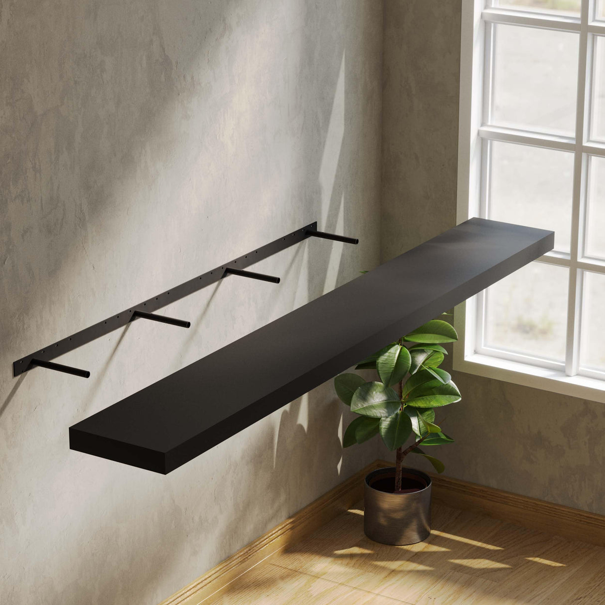 Ronda 72 inch Long Wall Floating Shelf, Black Wall Mounted Book Shelves for Kitchen