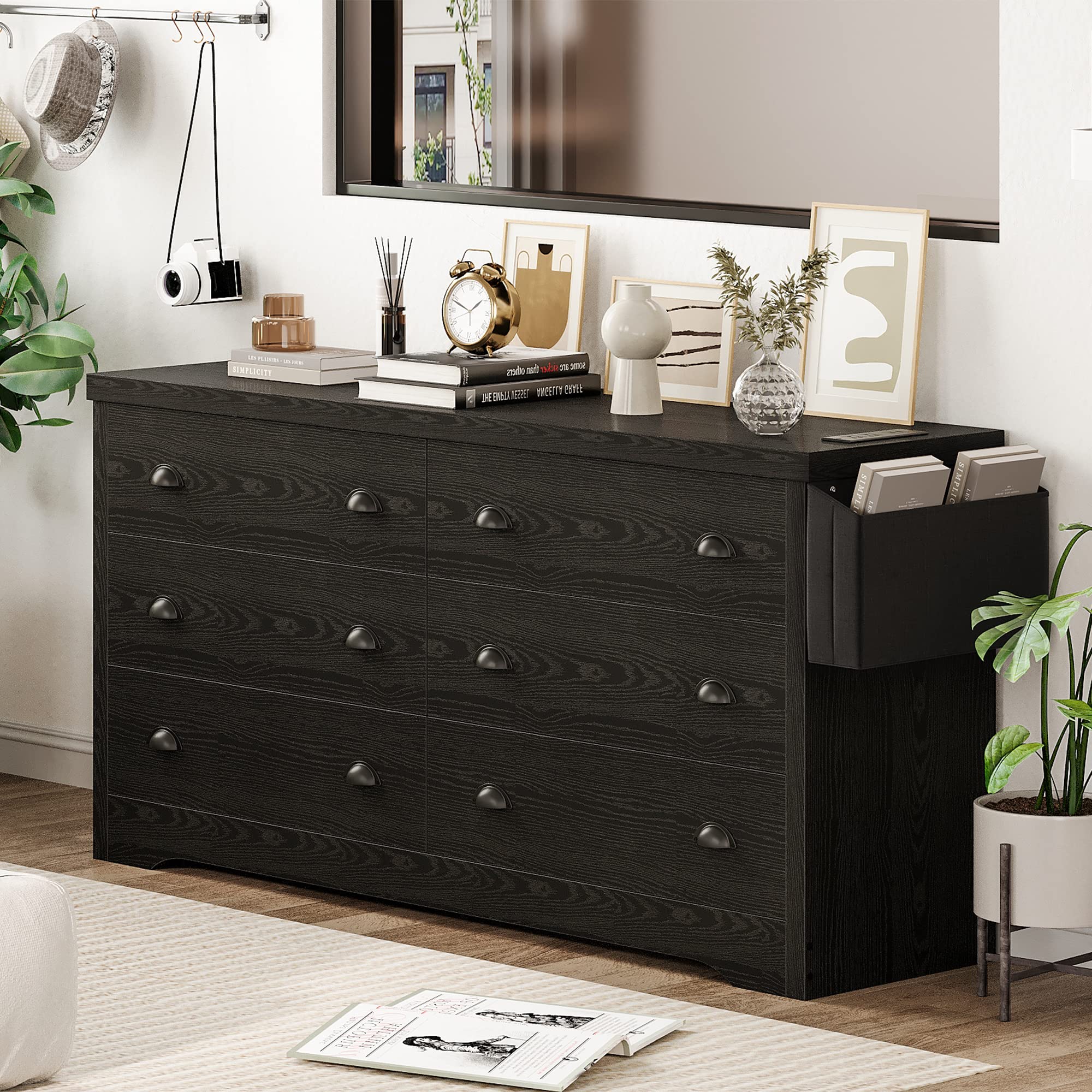 Dresser for Bedroom 6 Drawer with Charging Station, TV Stand Storage Chest of Drawers for Living Room Hallway Entryway, MDF Board, Black