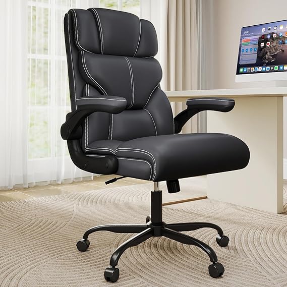 Executive Office Chair with Flip-Up Armrests - Ergonomic Mid-Back Leather Desk Chair