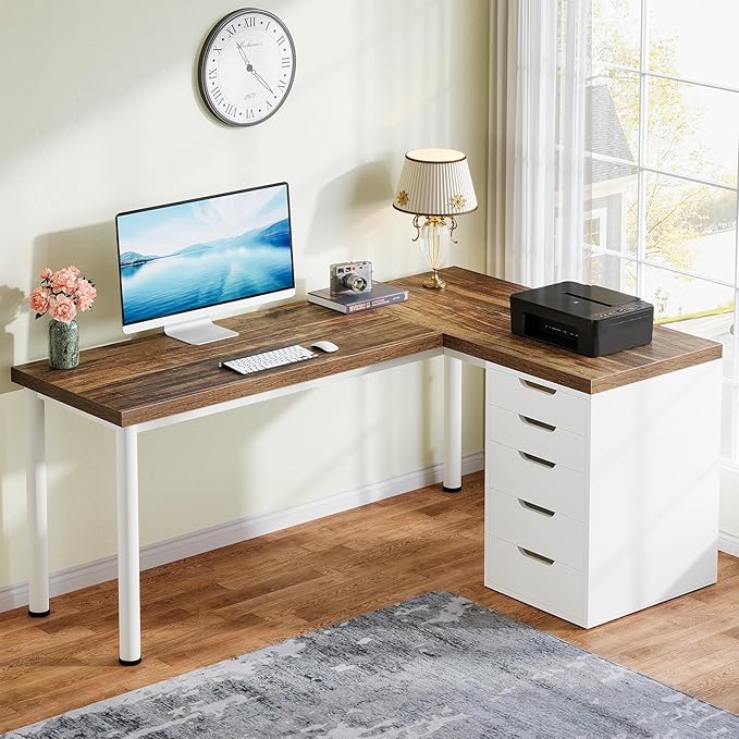 L-Shaped Computer Desk with 5 Drawers, 55 Inches Corner Desk Office Desk