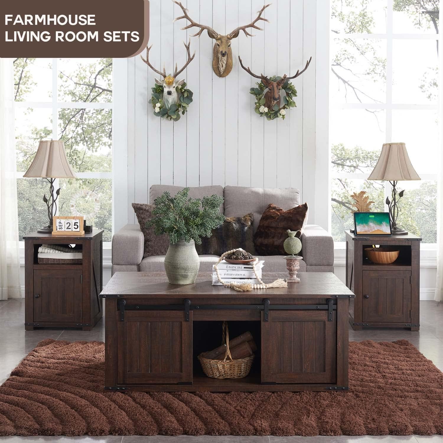 Lift Top Coffee Table with Double Storage Spaces, Farmhouse Rustic Wood Center Table