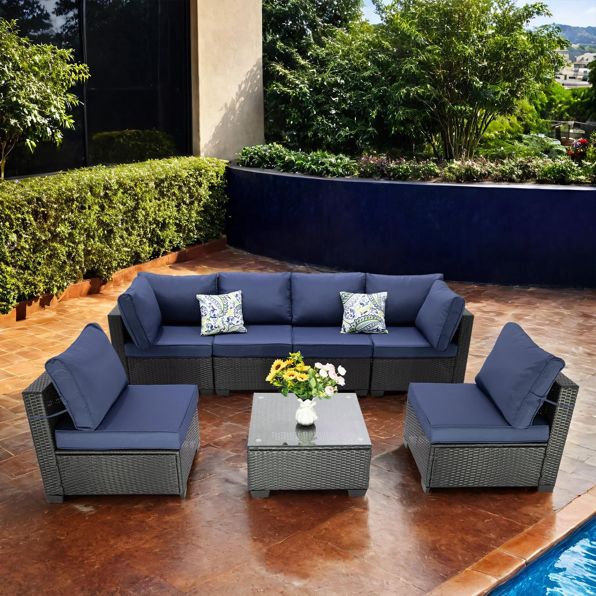 p0[iPatio Furniture Sets 7 Pieces, Outdoor Sectional Sets All Weather Conversation Patio Sofa w Cushions and Glass Coffee Table for Porch Poolside B