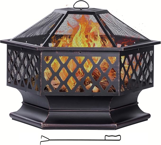 Outdoor Fire Pit, Hexagon Shaped Wood Burning Firepit for Outside Bonfire