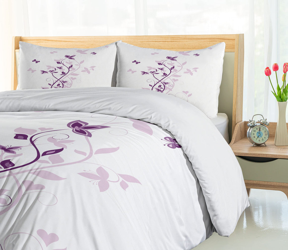 Spring Duvet Cover Set, Violet Tree Swirling Lilac Blooms with Butterfly Ornamental