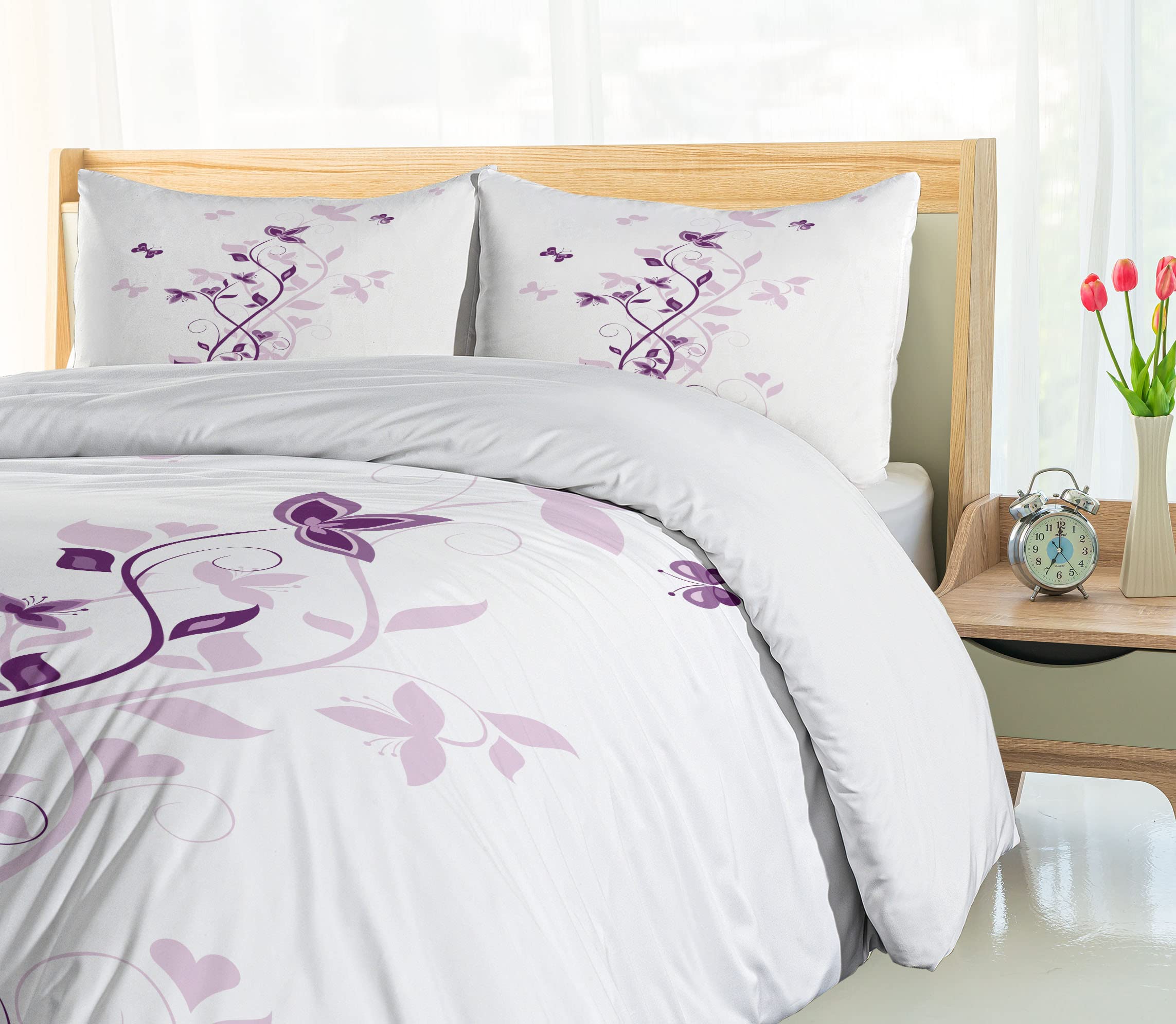 Spring Duvet Cover Set, Violet Tree Swirling Lilac Blooms with Butterfly Ornamental