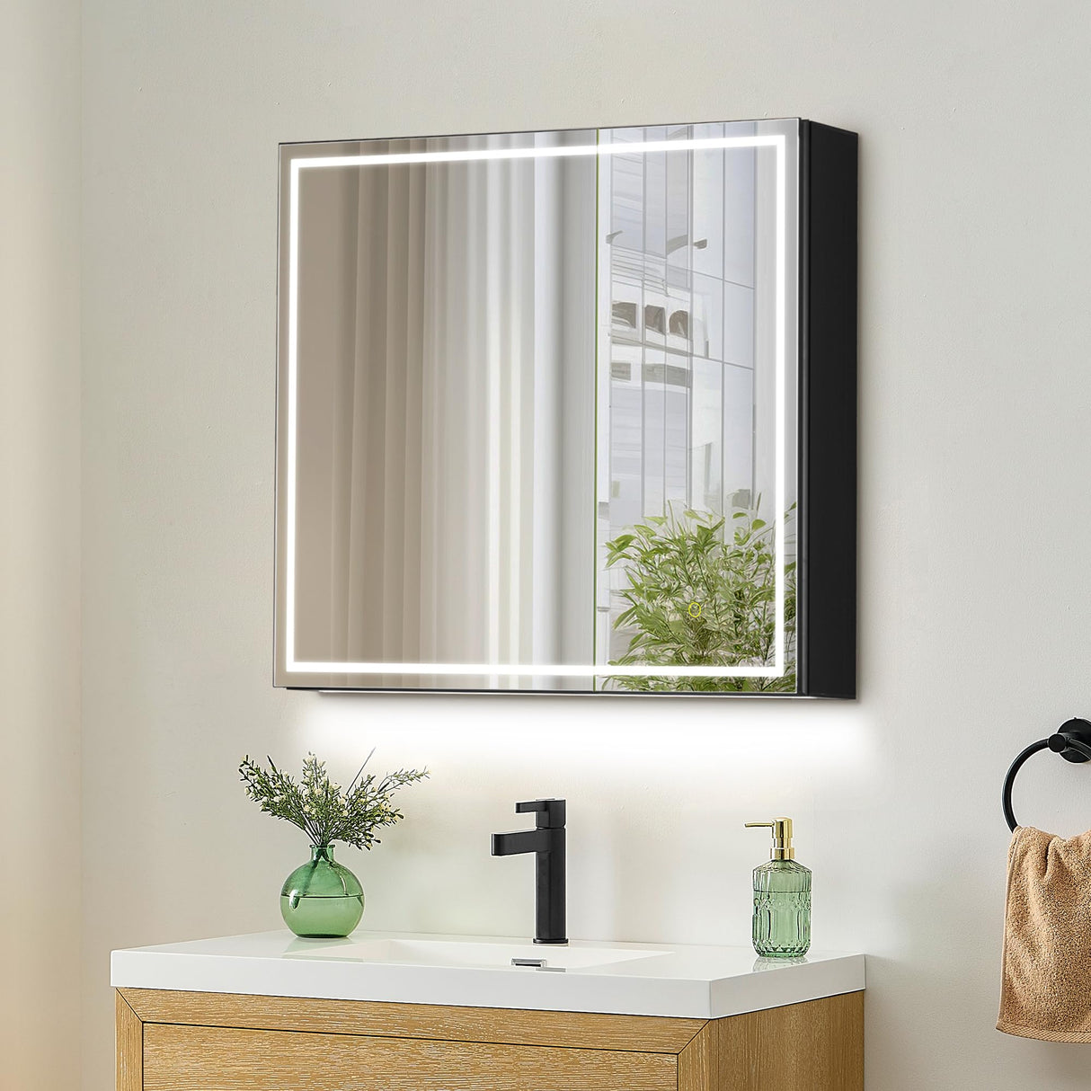 Hesili 32" Surface-Mount LED Lighted Black Aluminum Mirror Medicine Cabinet