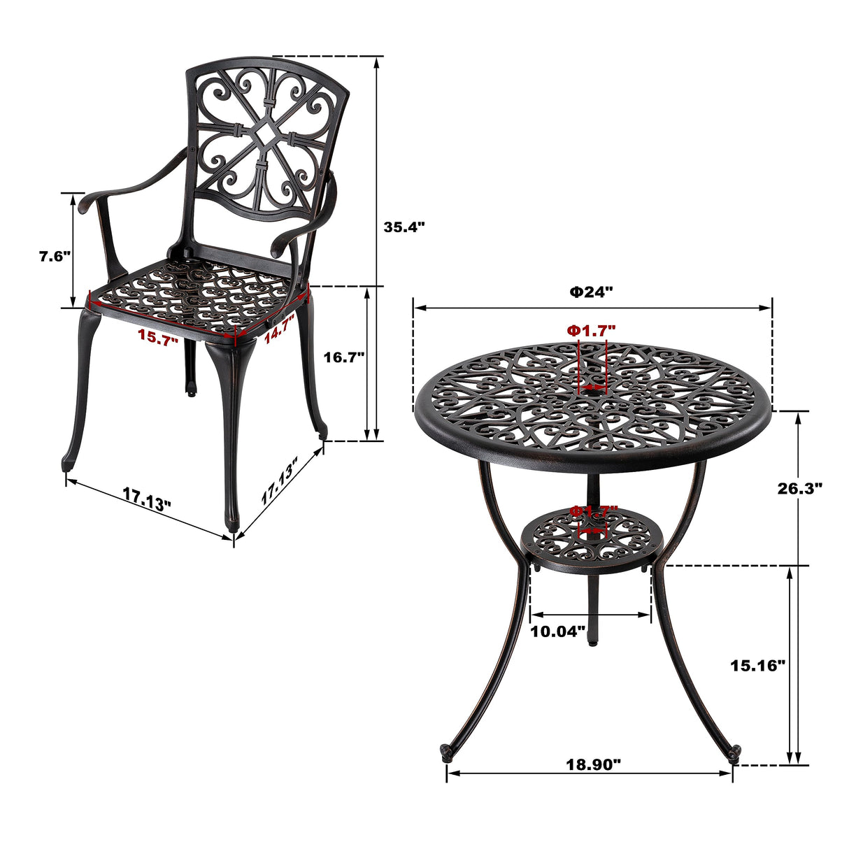 NUU GARDEN 3 Piece Outdoor Bistro Set Cast Aluminum Patio Set Bistro Table Set Rustproof Patio Table and Chairs with Umbrella Hole for Backyard, Balcony, Front Porch, Black
