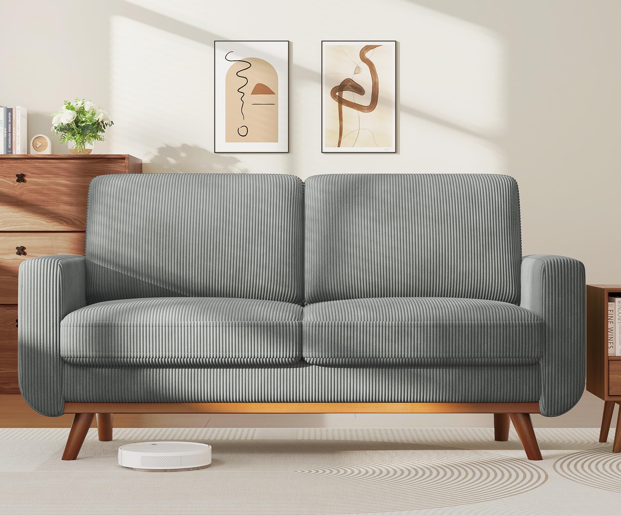 68" Loveseat Sofa Dark Gray, Comfy Corduroy Couch With Spring Cushion and Solid Wood