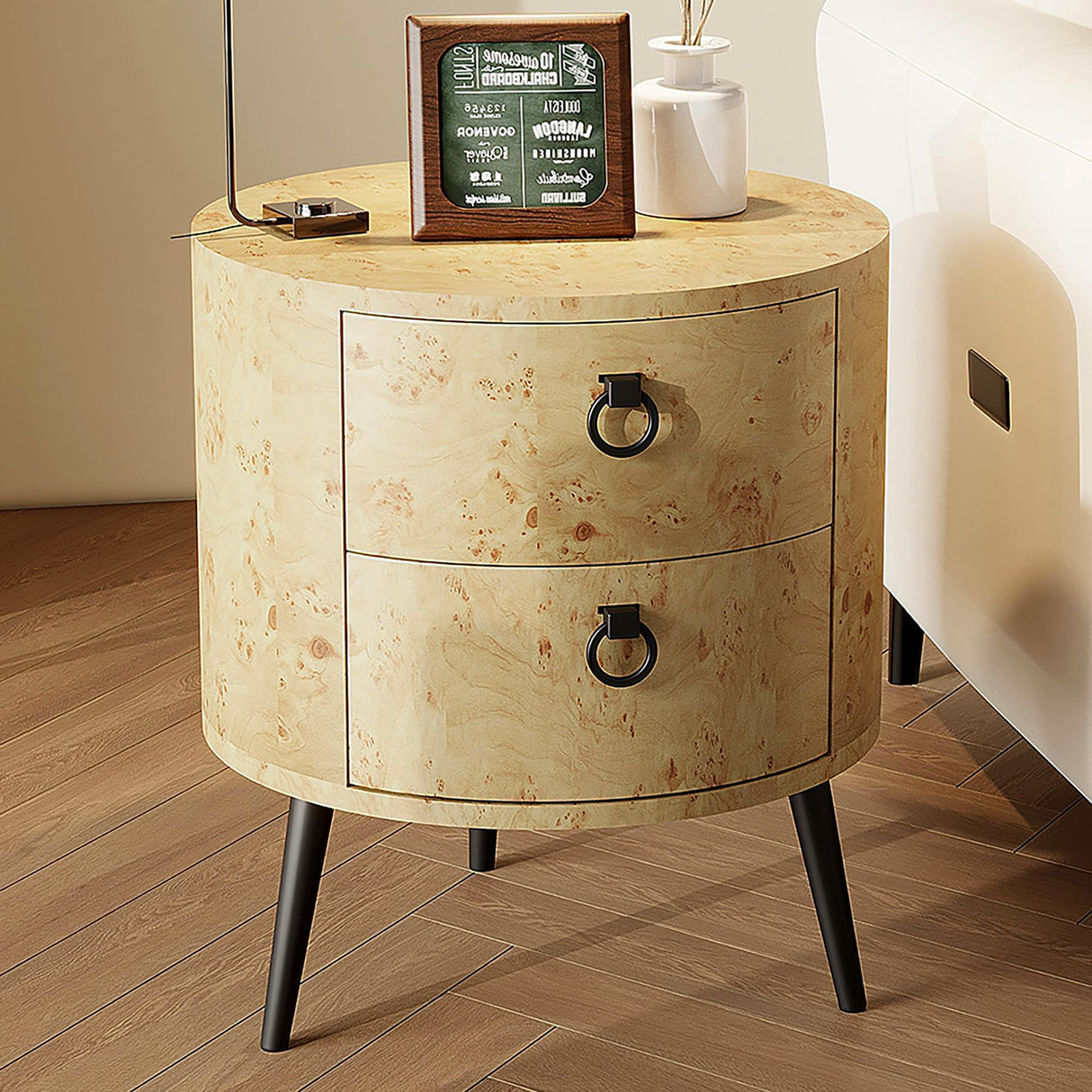 Round Side Table with Drawers Modern Night Stand with Storage Wooden Accent End Table