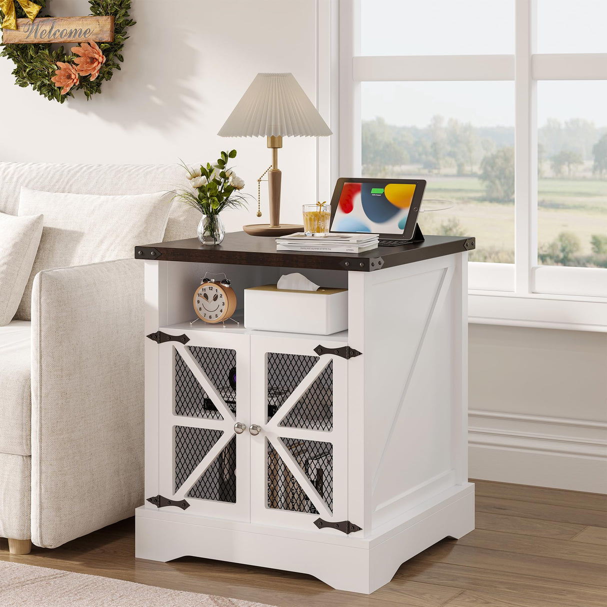 Farmhouse Nightstand with Charging Station, Large Sofa Side Table, Wood Square