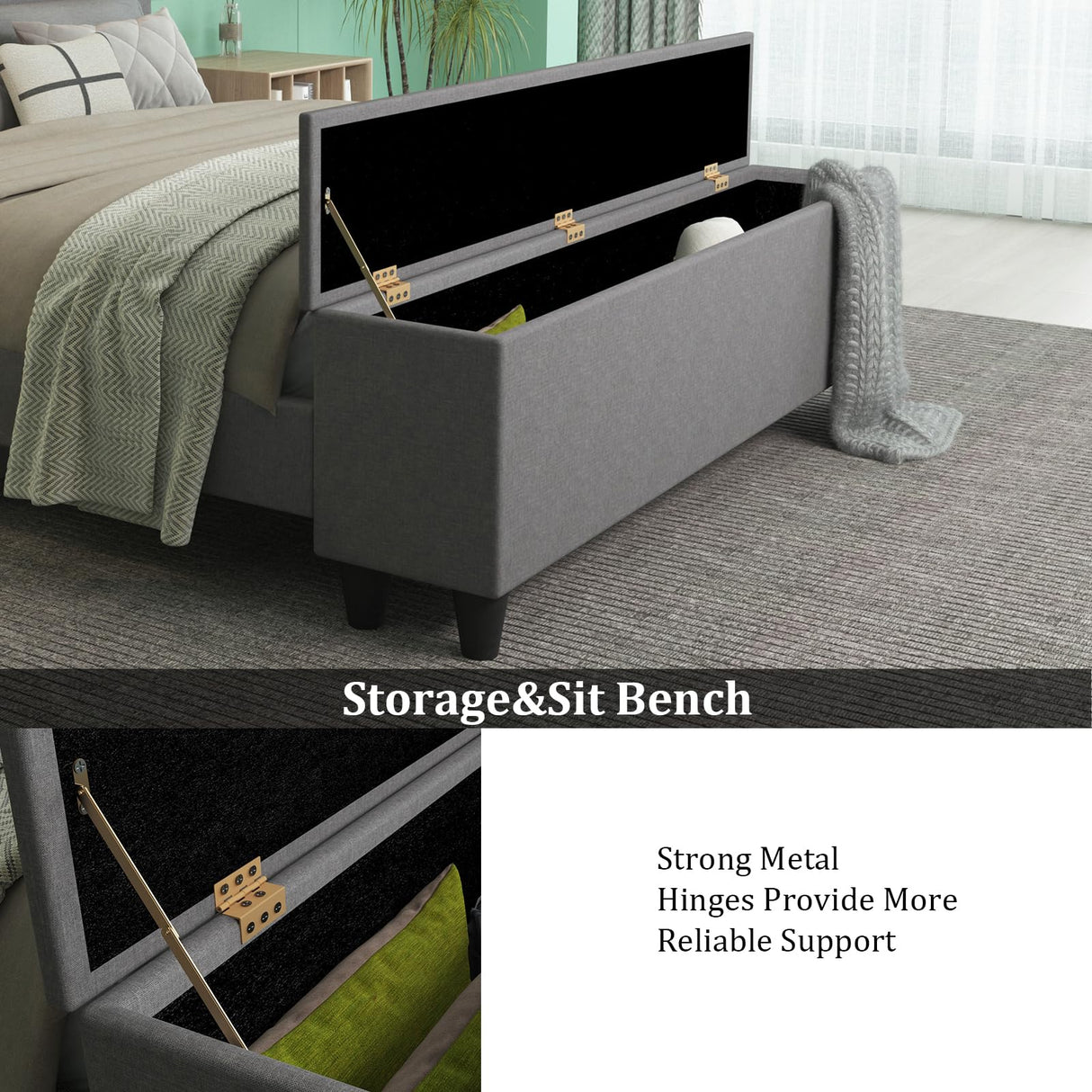 Forrise Queen Bed Frame with Headboard, USB Charging Station and LED Light, Footstool, Upholstered Platform Bed Frame with Living Space, Wood Slat Support, Solid Wood, Gray