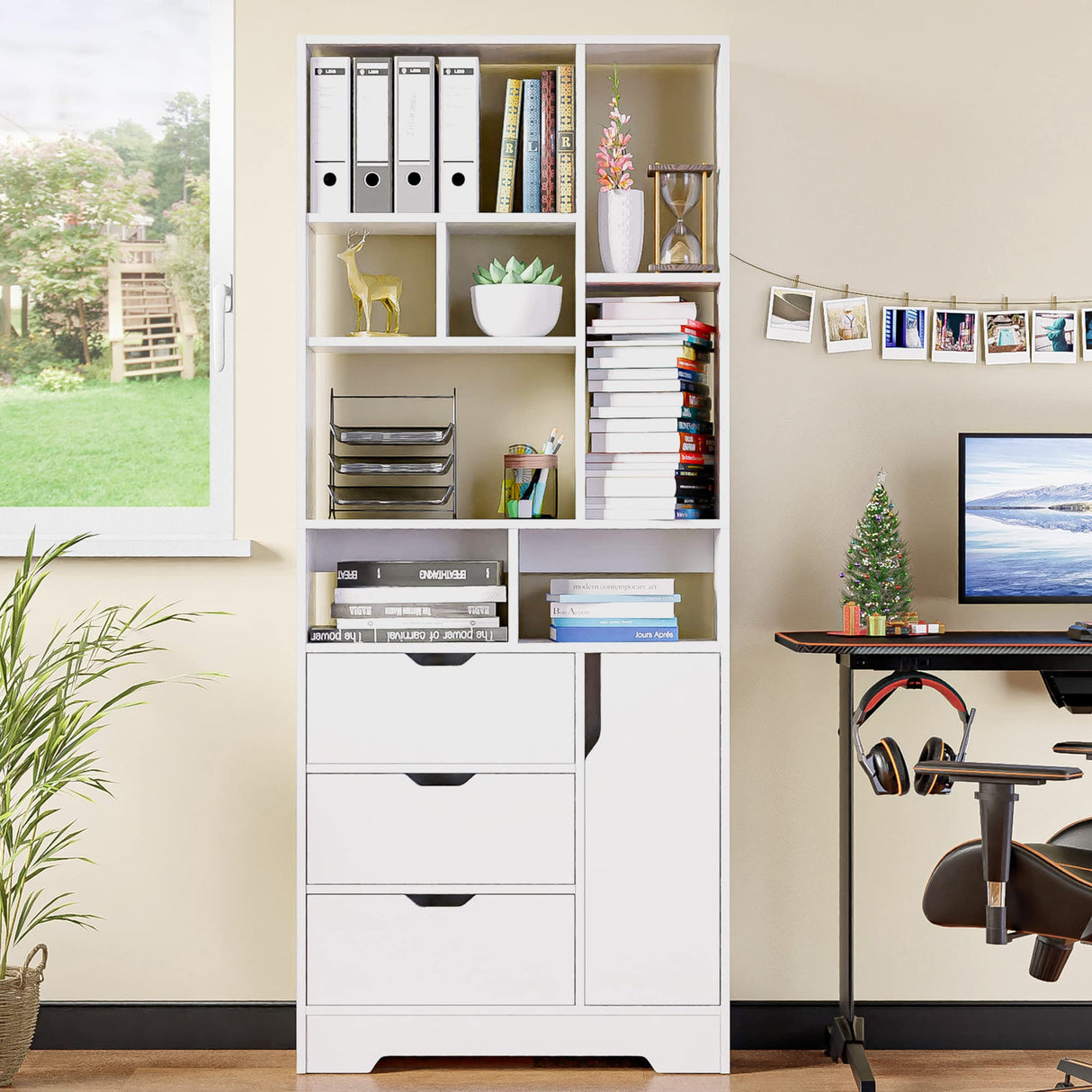 Stylish White Bookshelf, 71" Tall Bookshelf with Doors and 3 Drawers