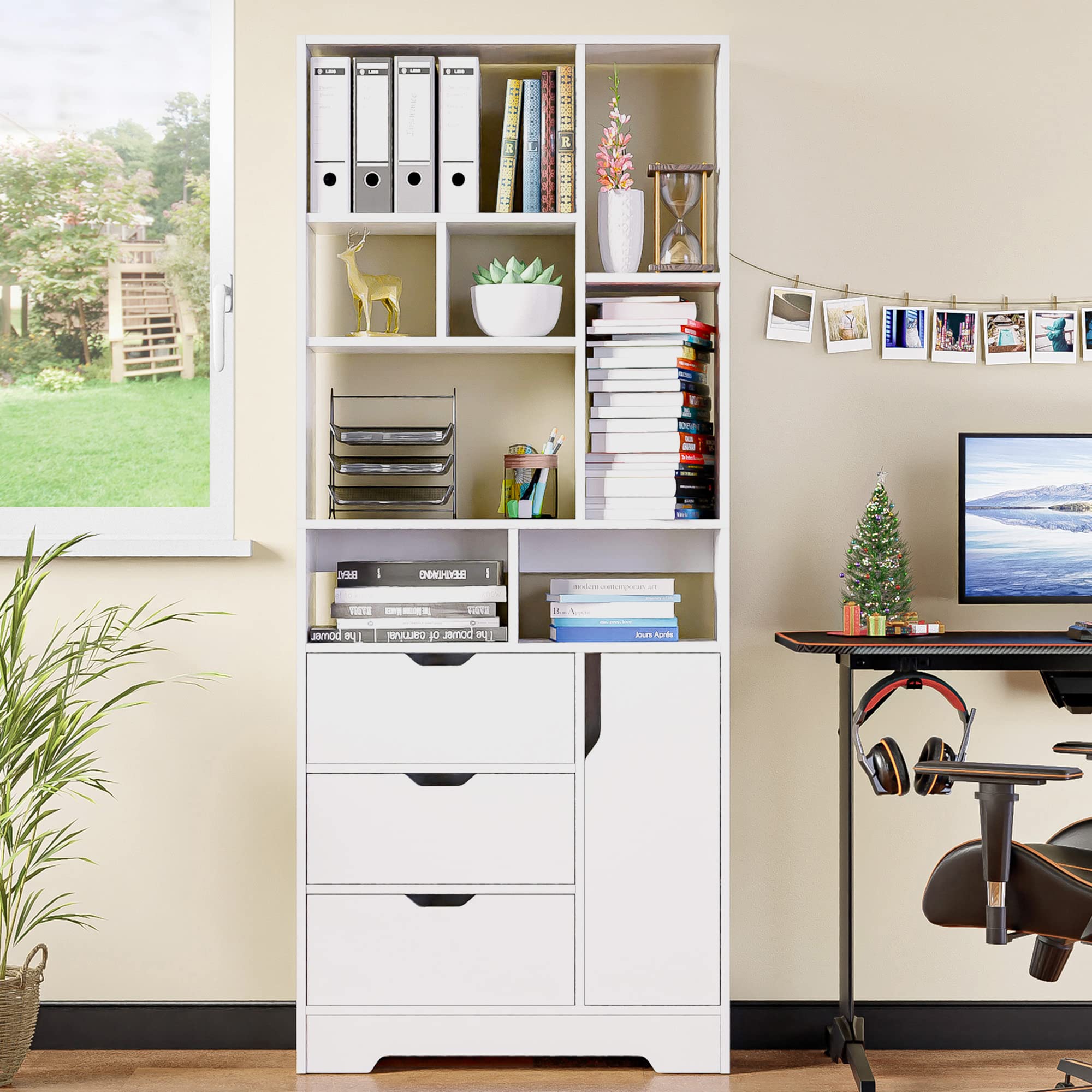 Stylish White Bookshelf, 71" Tall Bookshelf with Doors and 3 Drawers